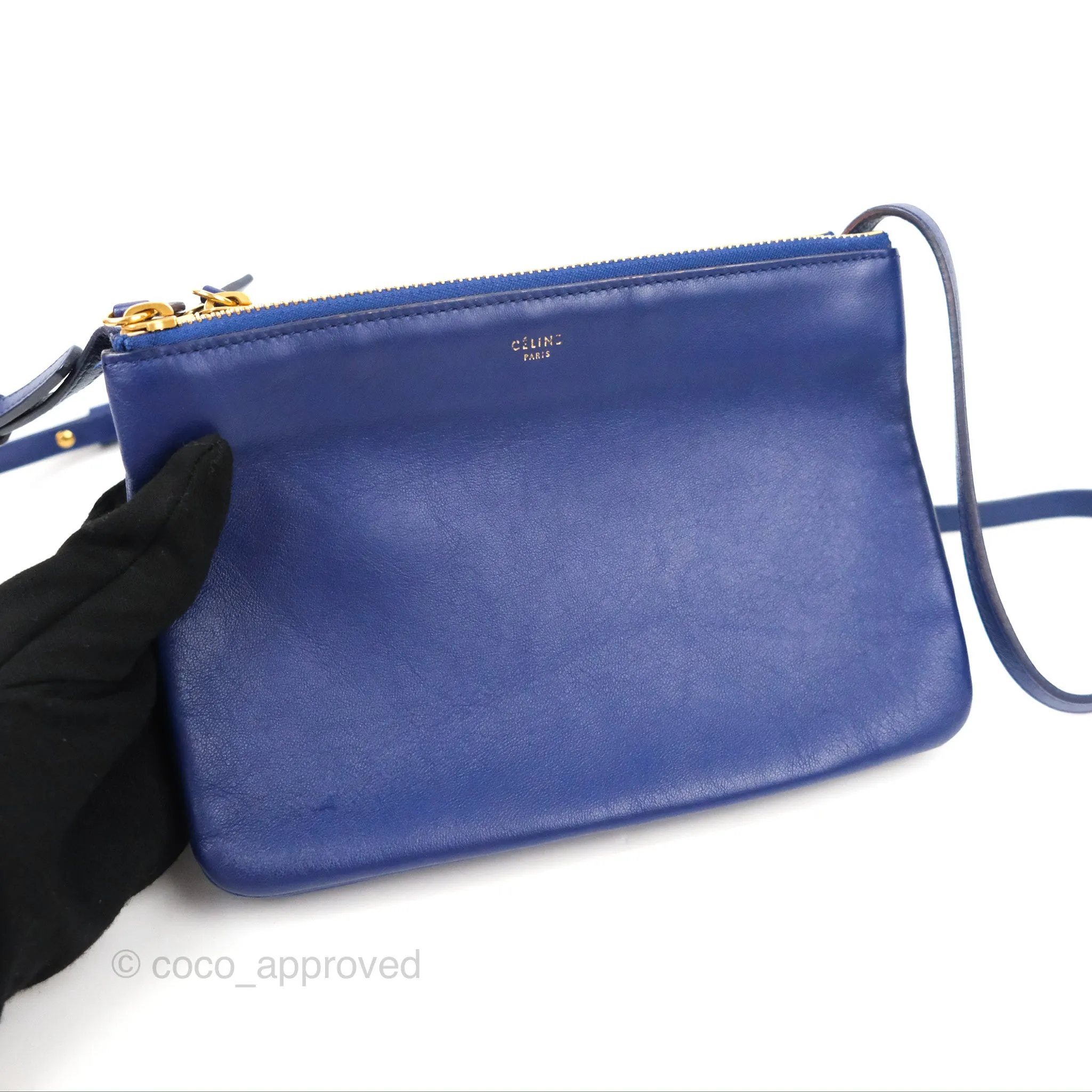 Celine Small Trio Crossbody Bag Dark Blue Lambskin Gold Hardware