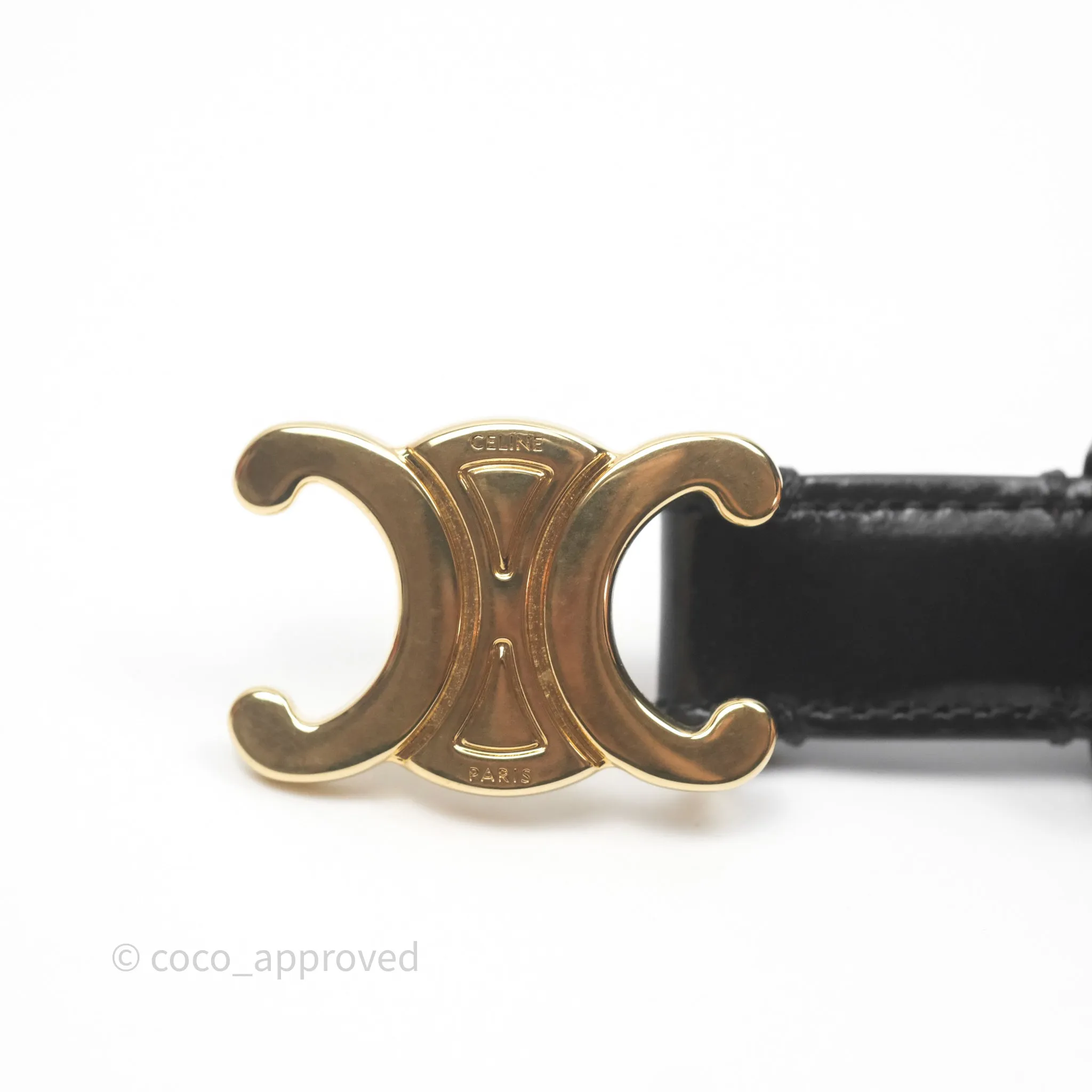 Celine Small Triomphe Belt in Taurillon Leather Black Gold Hardware Size 75