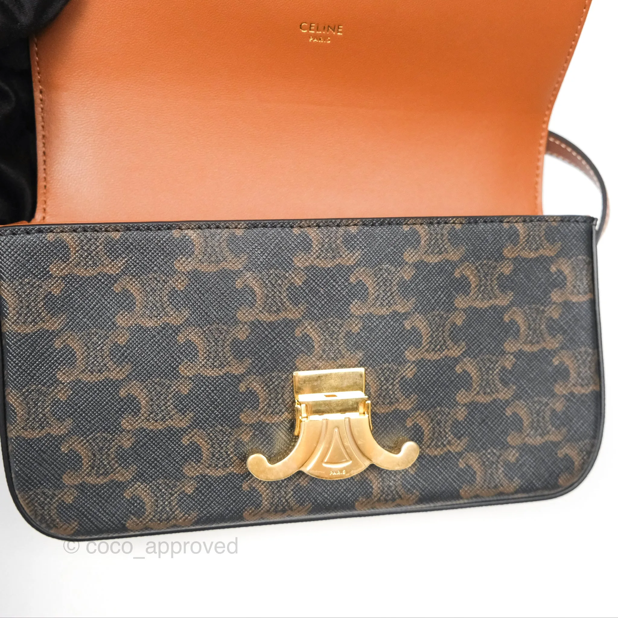 Celine Triomphe Shoulder Bag Tan Calfskin Triomphe Canvas