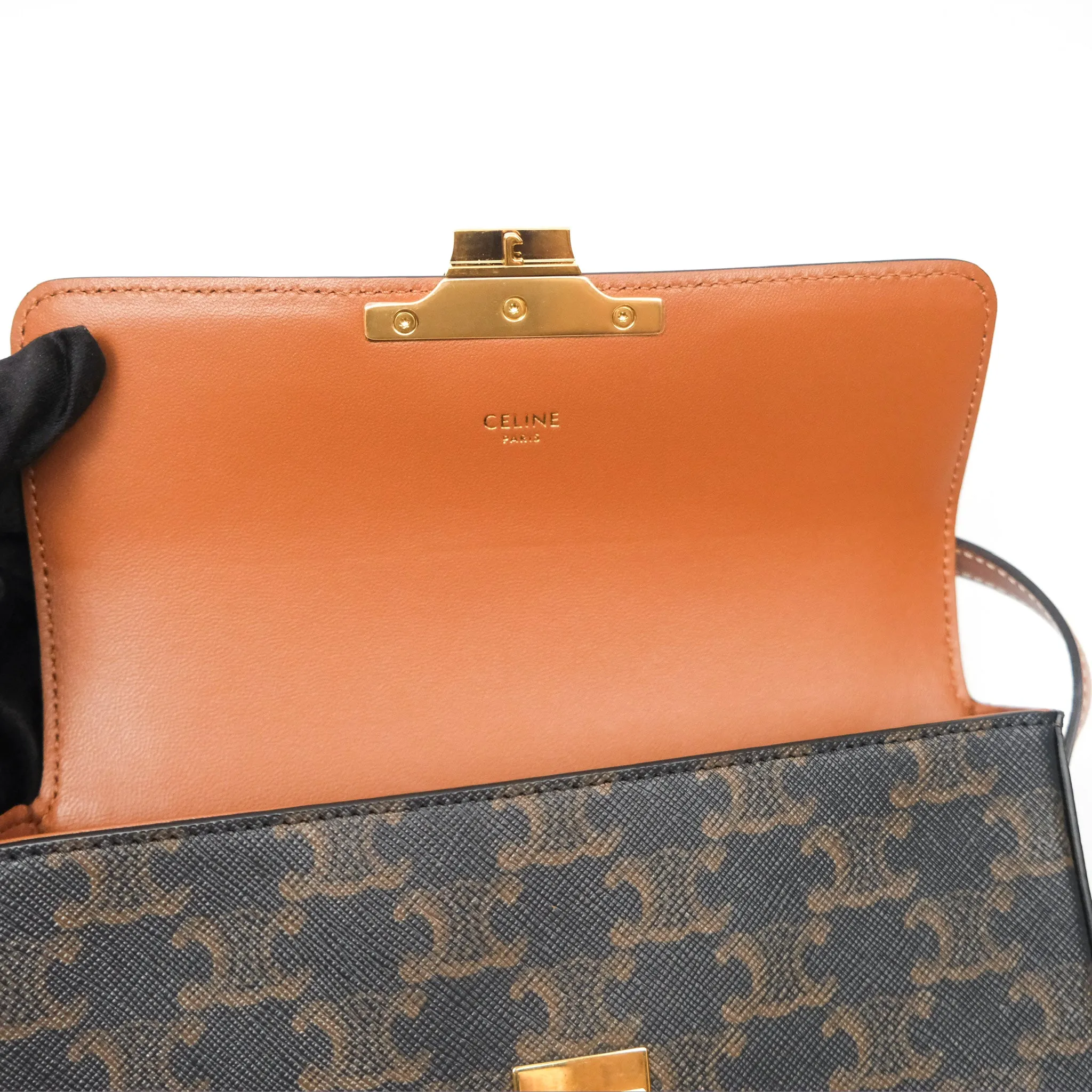 Celine Triomphe Shoulder Bag Tan Calfskin Triomphe Canvas