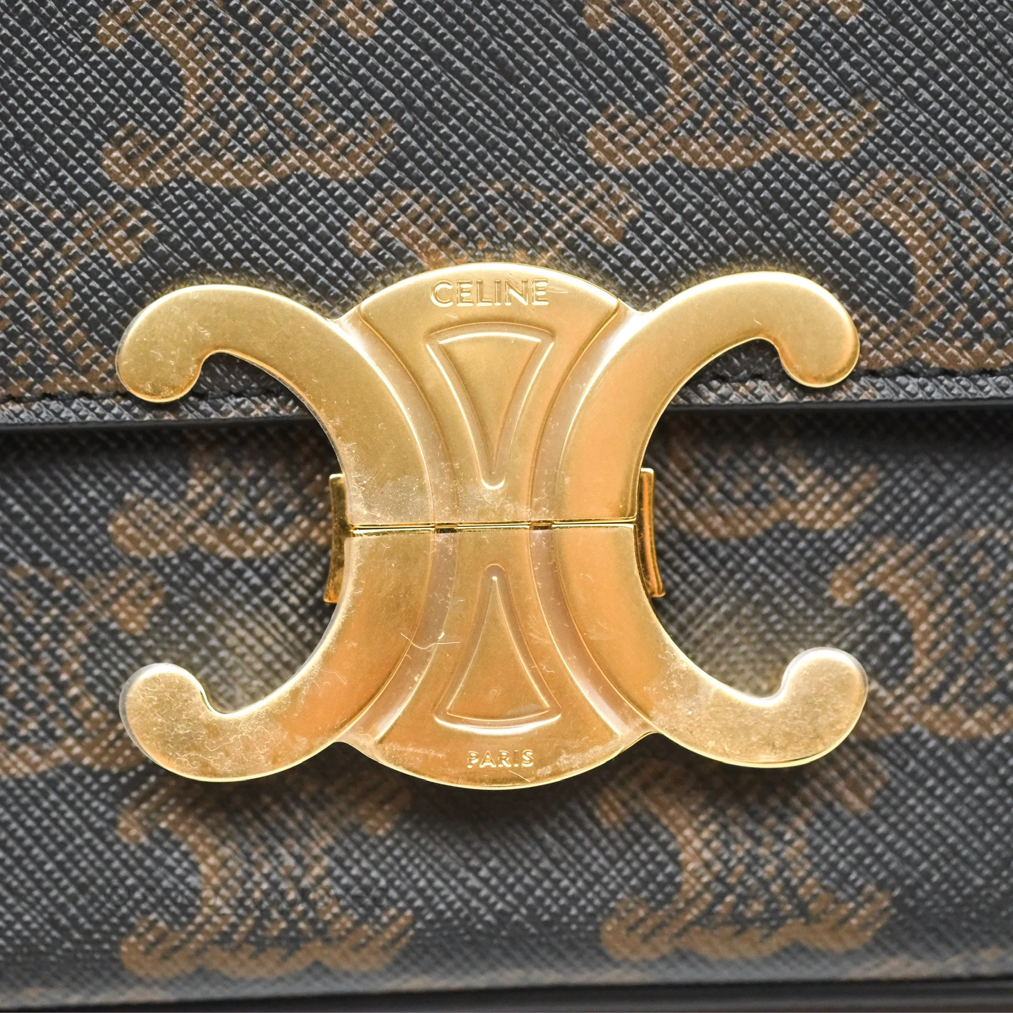 Celine Triomphe Shoulder Bag Tan Calfskin Triomphe Canvas
