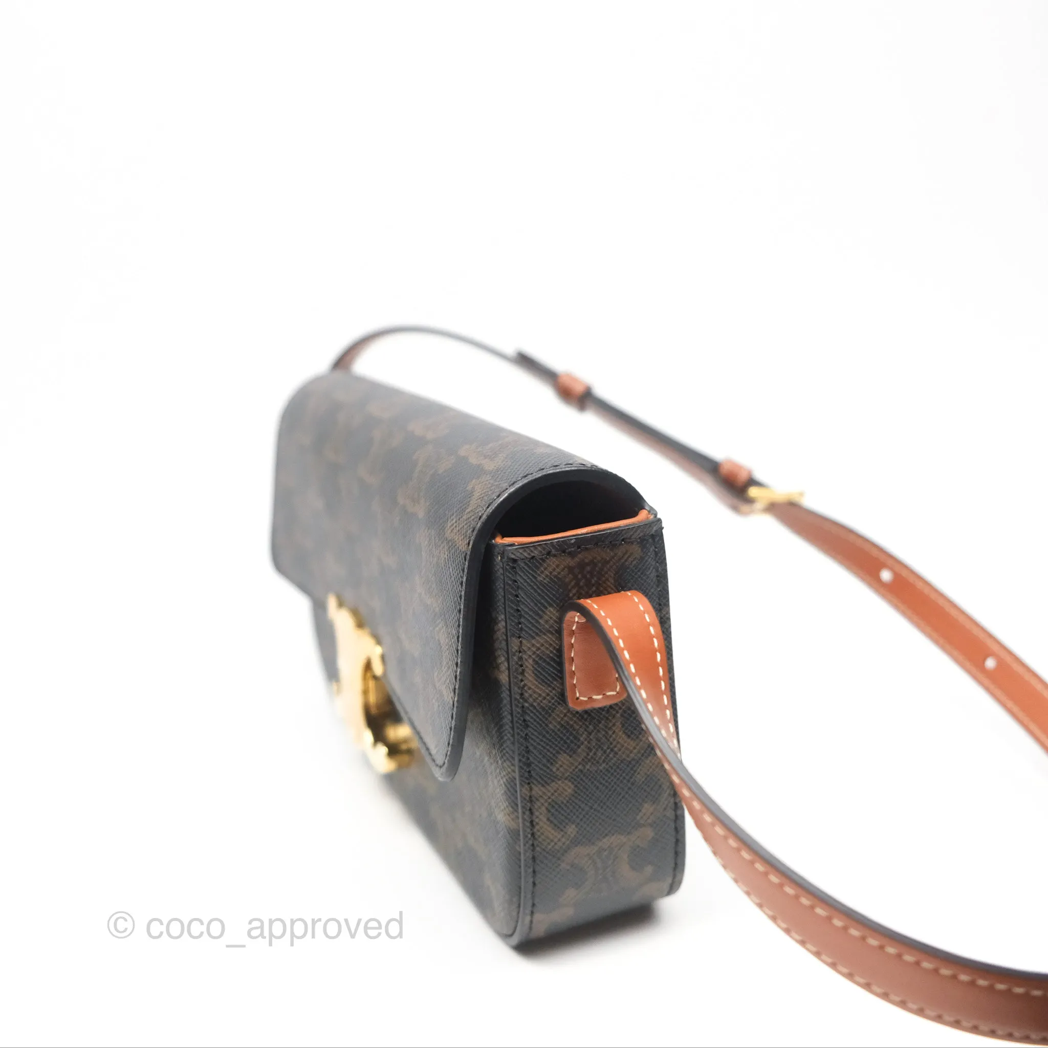 Celine Triomphe Shoulder Bag Tan Calfskin Triomphe Canvas
