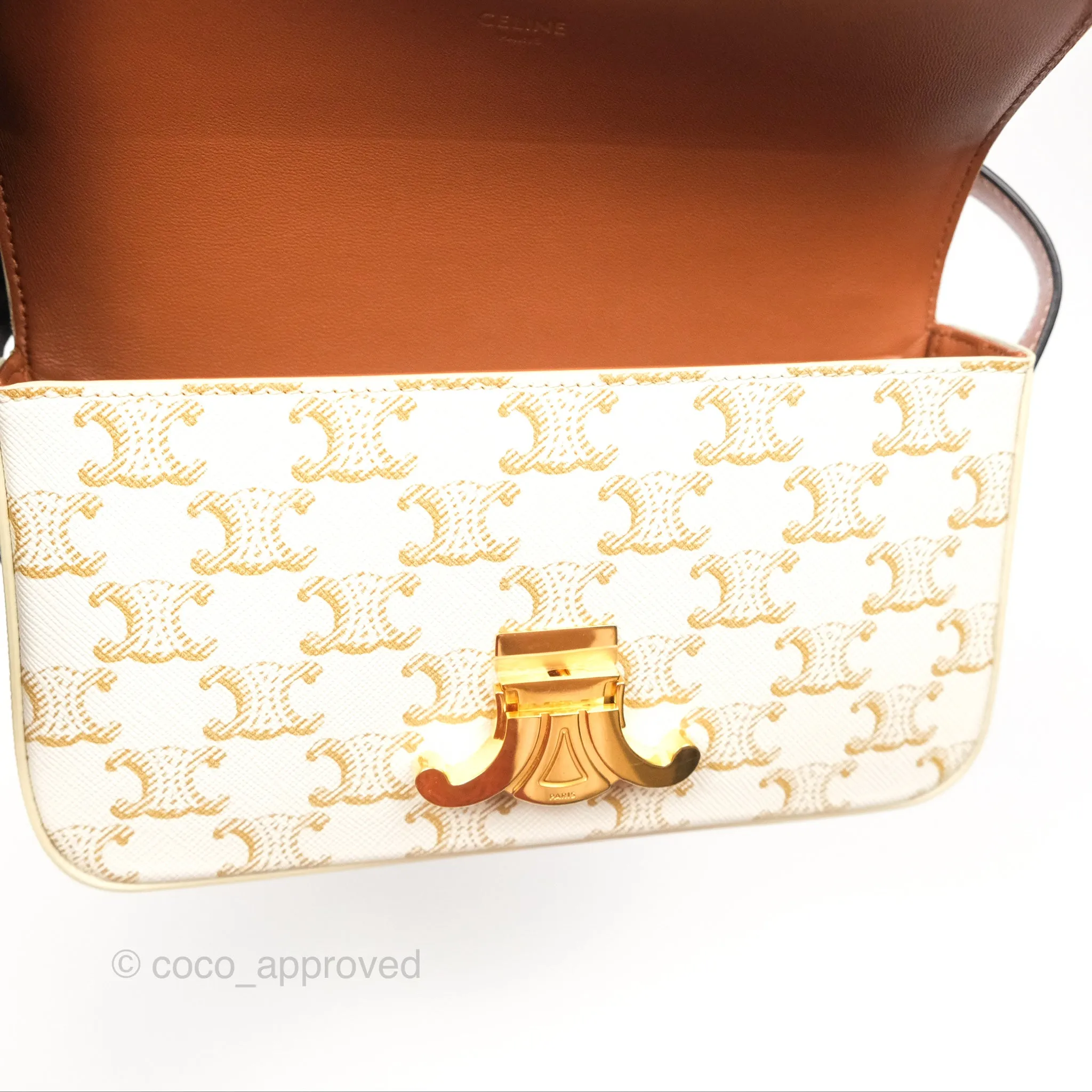 Celine Triomphe Shoulder Bag White Calfskin Triomphe Canvas