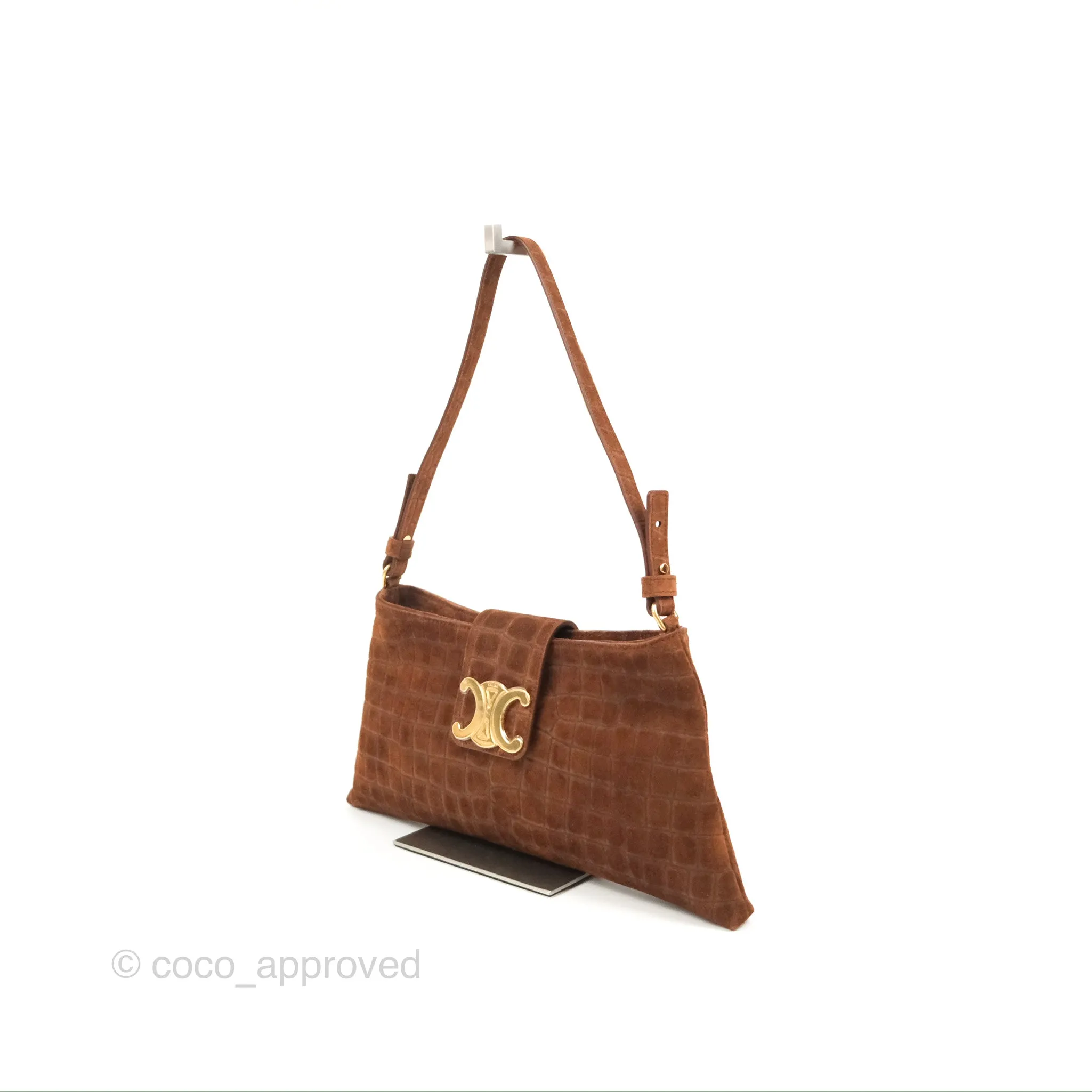 Celine Wiltern Clutch Triomphe Soft Crocodile Embossed Suede Calfskin Brown