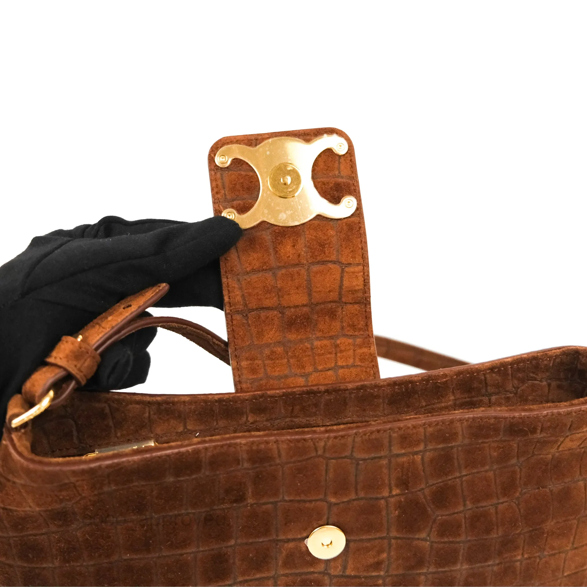 Celine Wiltern Clutch Triomphe Soft Crocodile Embossed Suede Calfskin Brown