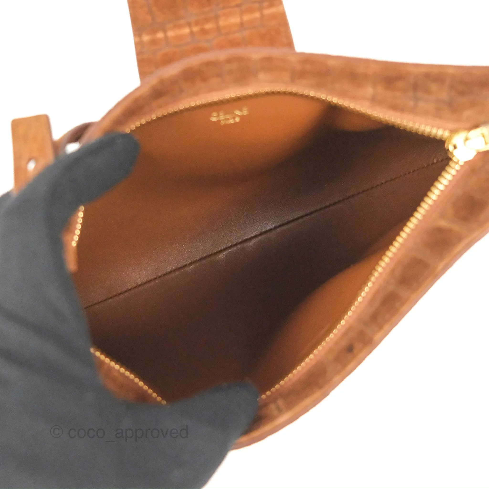 Celine Wiltern Clutch Triomphe Soft Crocodile Embossed Suede Calfskin Brown