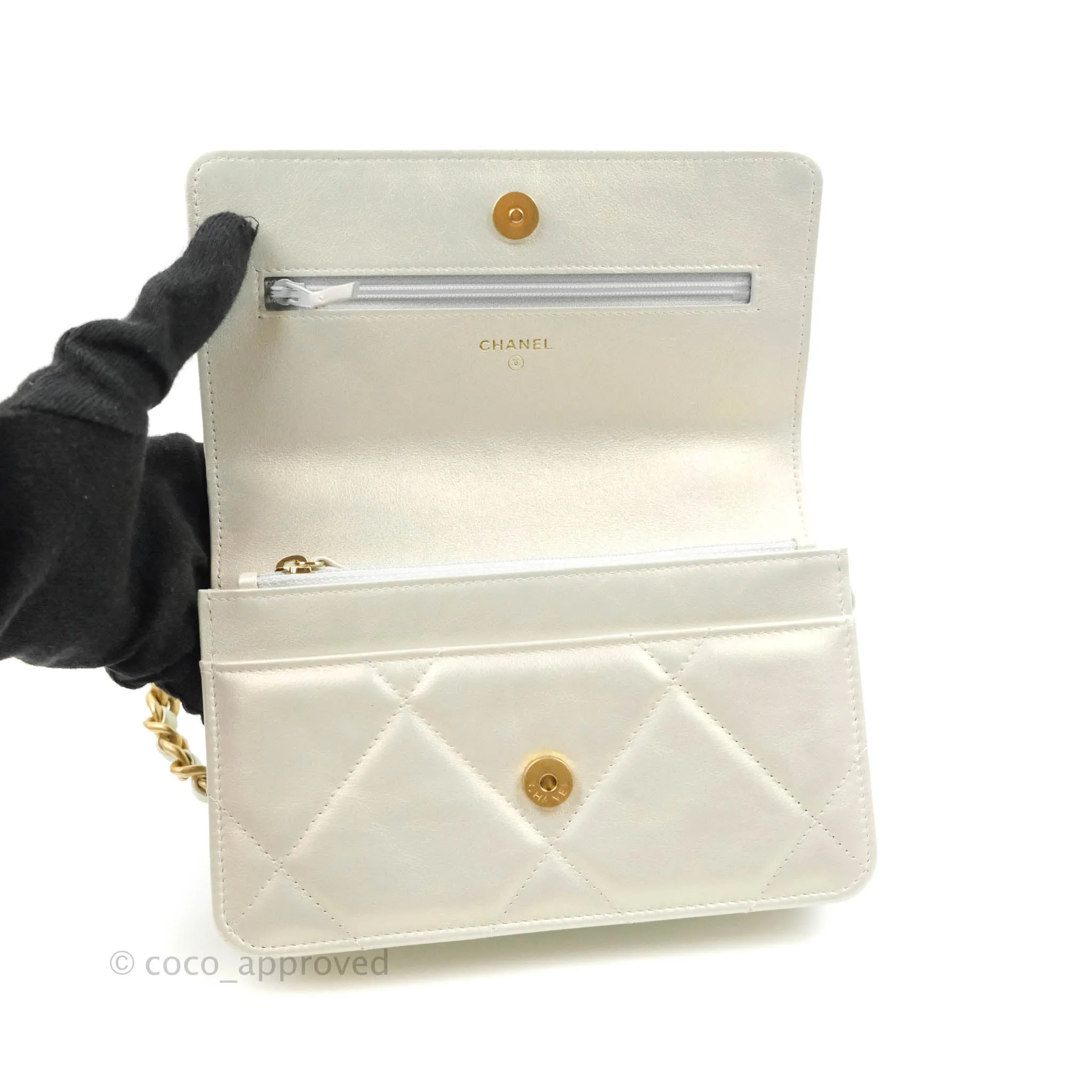 Chanel 19 Quilted Wallet on Chain WOC Iridescent White Mixed Hardware
