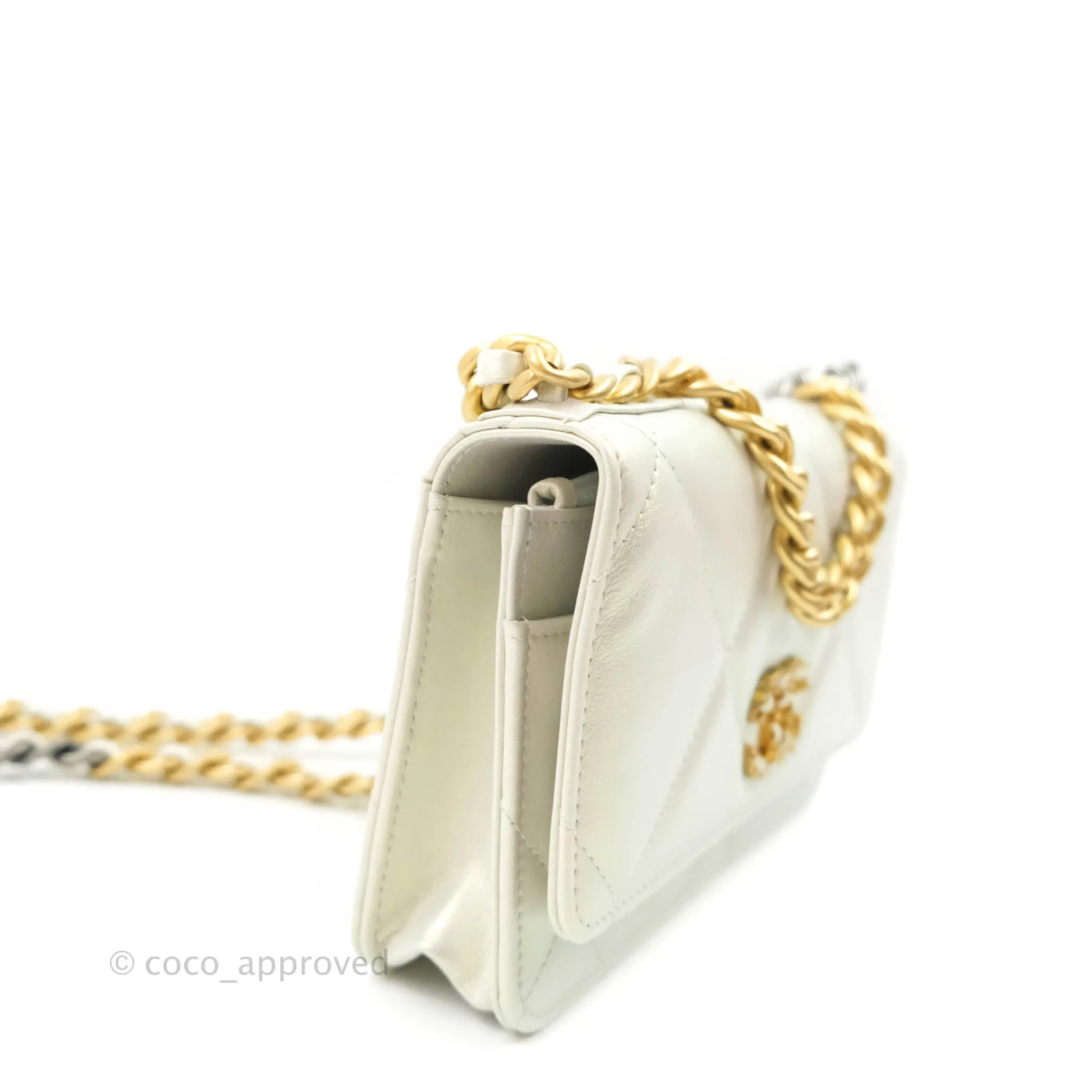 Chanel 19 Quilted Wallet on Chain WOC Iridescent White Mixed Hardware