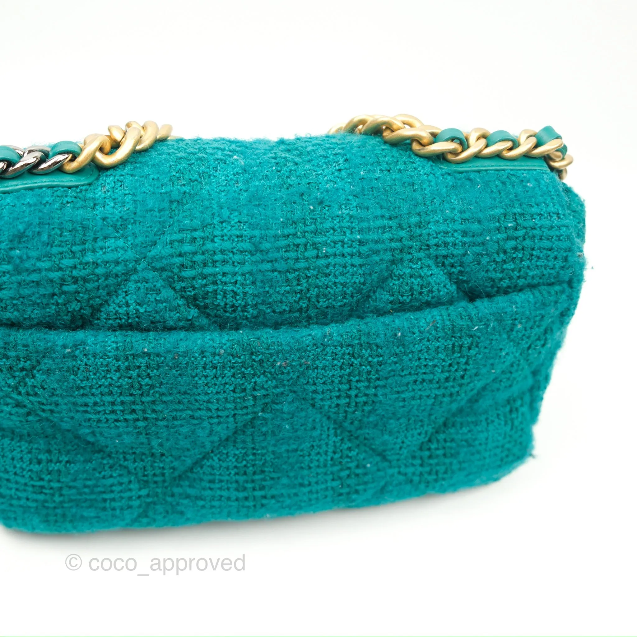 Chanel 19 Small Teal Green Tweed Mixed Hardware