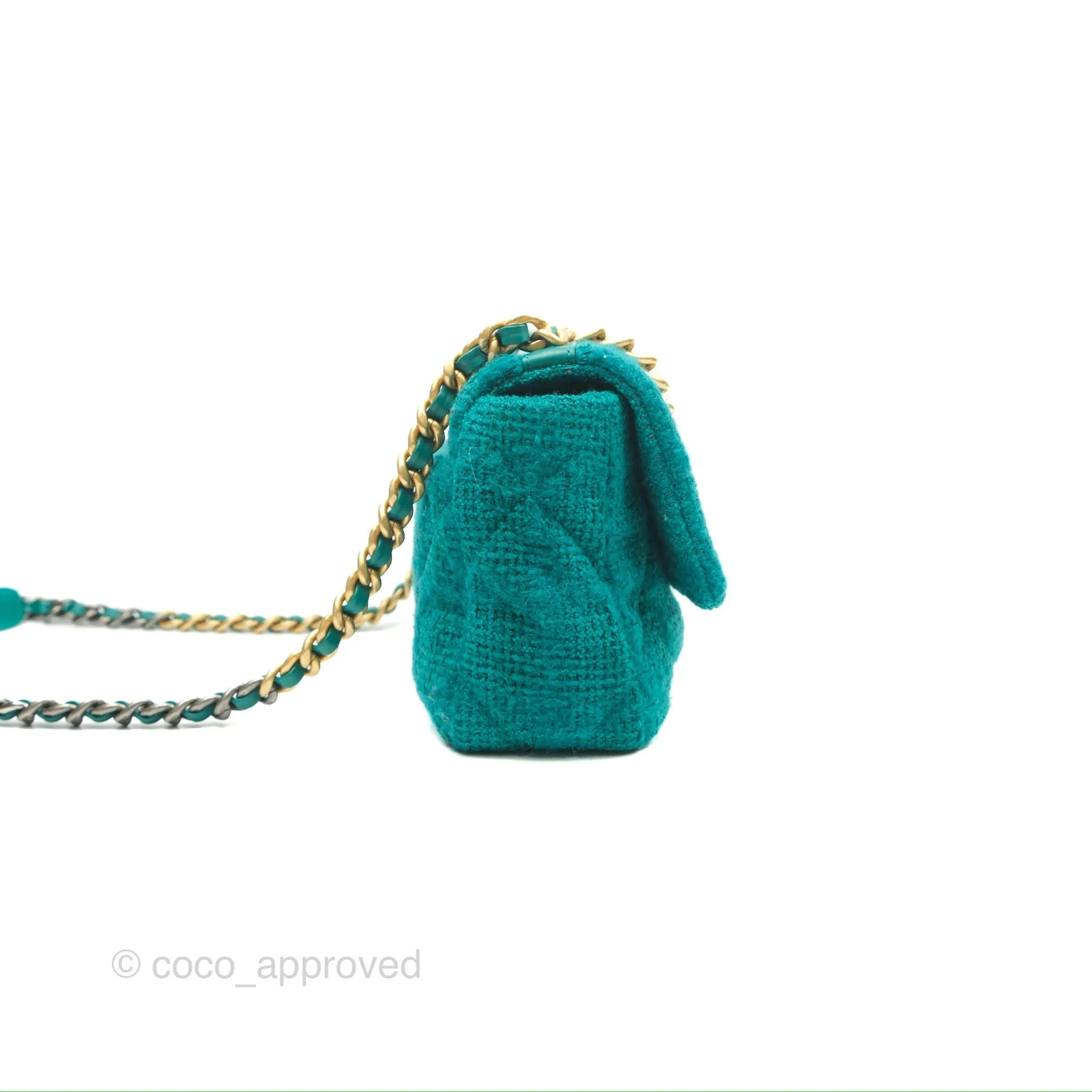 Chanel 19 Small Teal Green Tweed Mixed Hardware