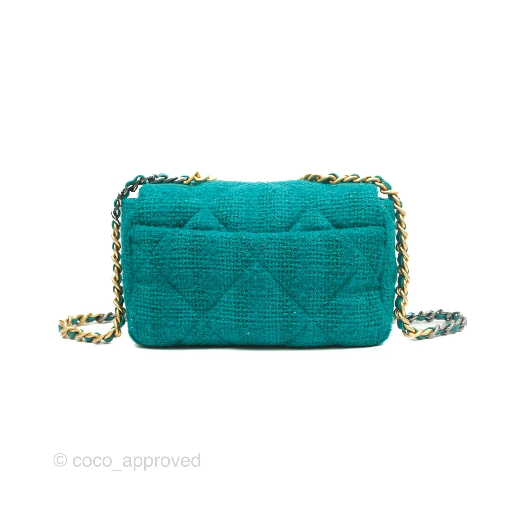 Chanel 19 Small Teal Green Tweed Mixed Hardware