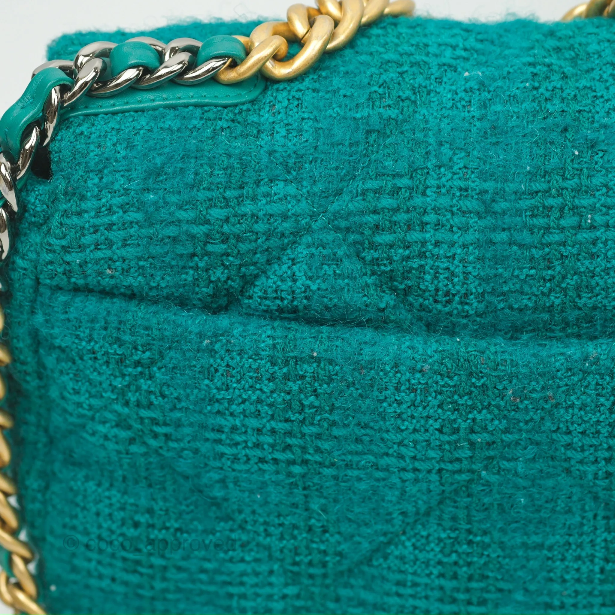 Chanel 19 Small Teal Green Tweed Mixed Hardware