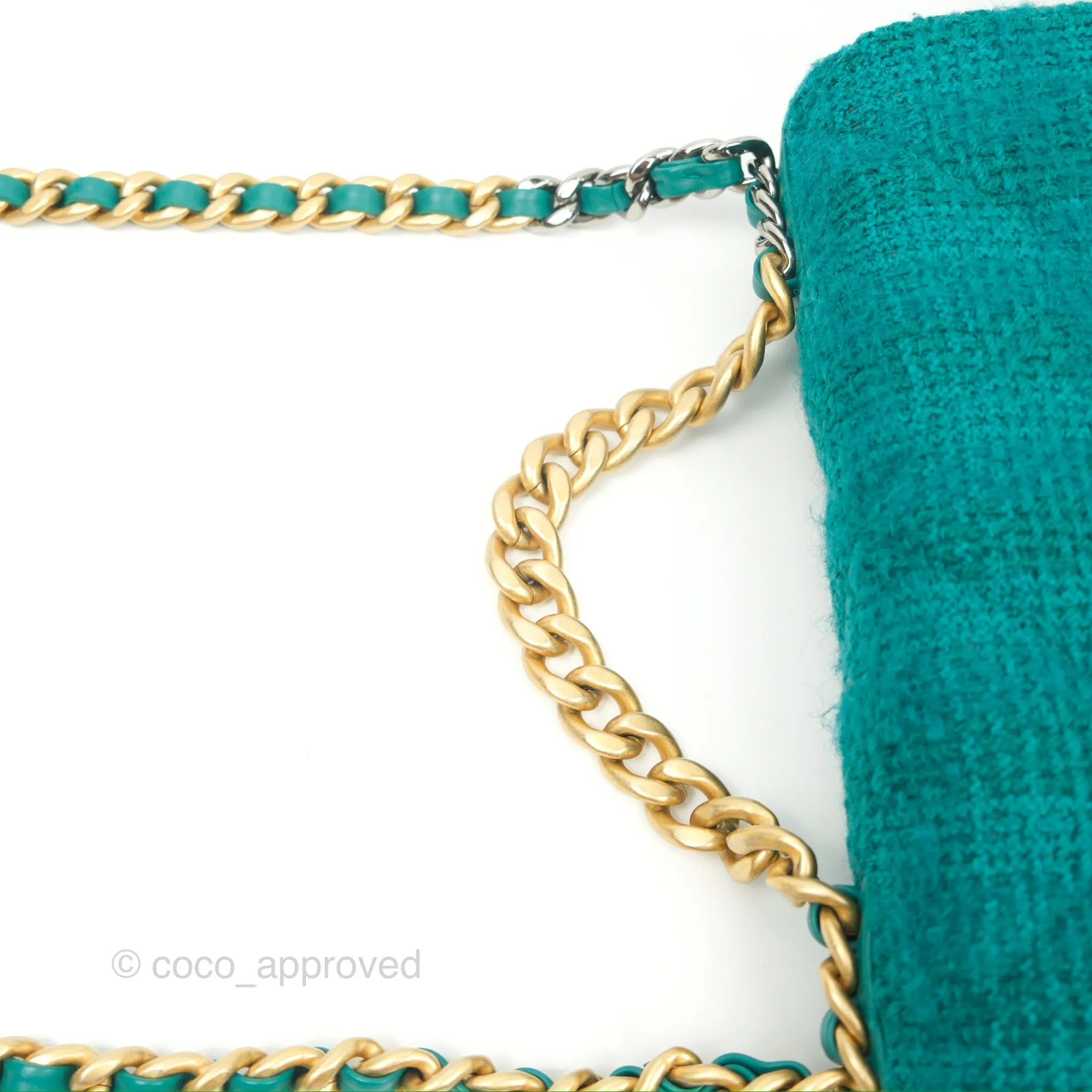 Chanel 19 Small Teal Green Tweed Mixed Hardware