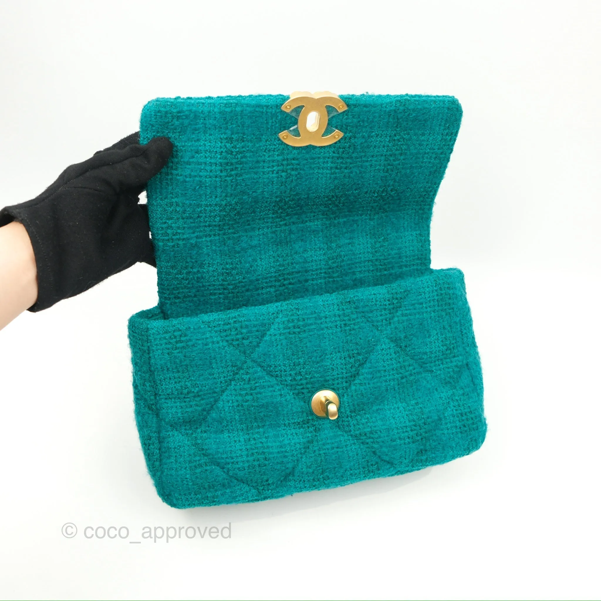 Chanel 19 Small Teal Green Tweed Mixed Hardware