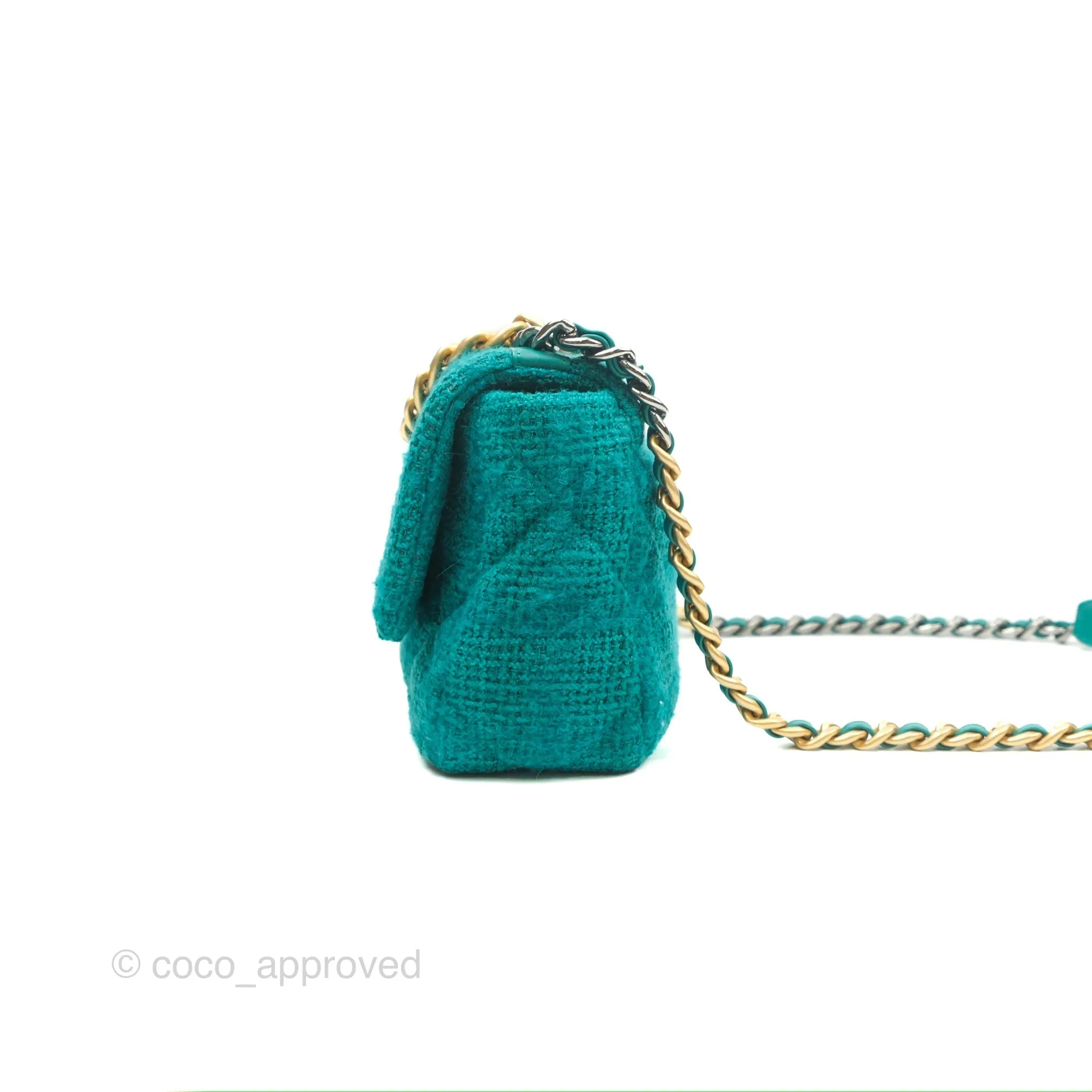 Chanel 19 Small Teal Green Tweed Mixed Hardware