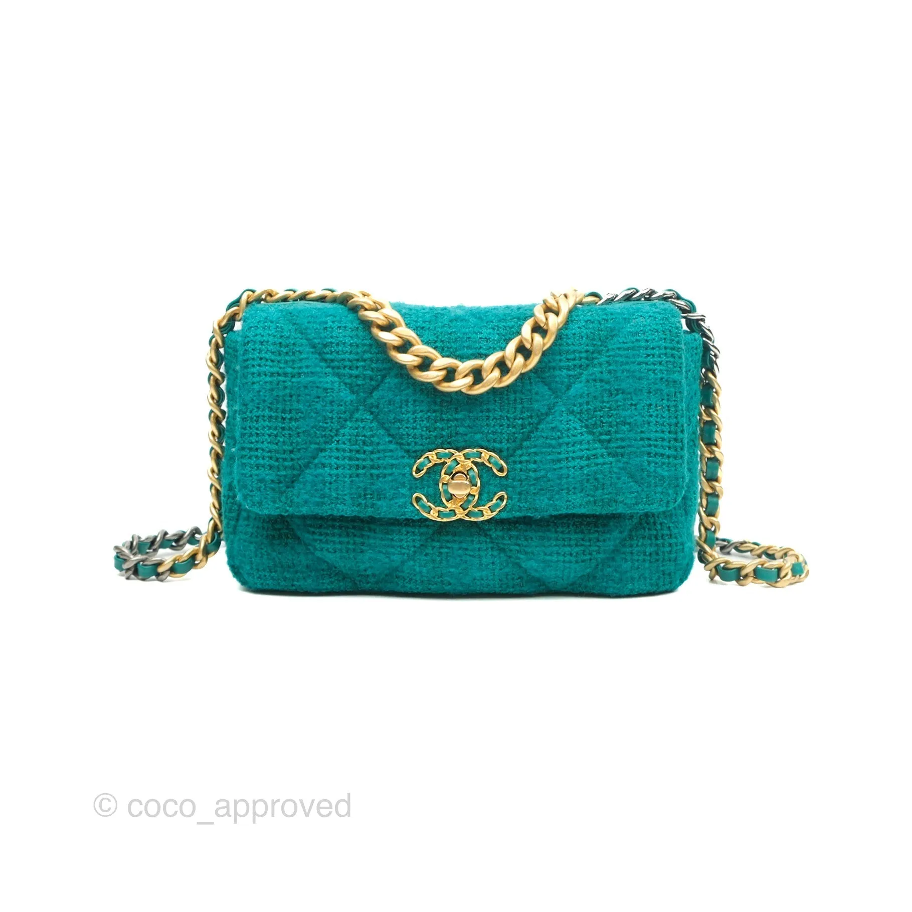 Chanel 19 Small Teal Green Tweed Mixed Hardware
