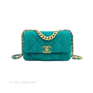 Chanel 19 Small Teal Green Tweed Mixed Hardware