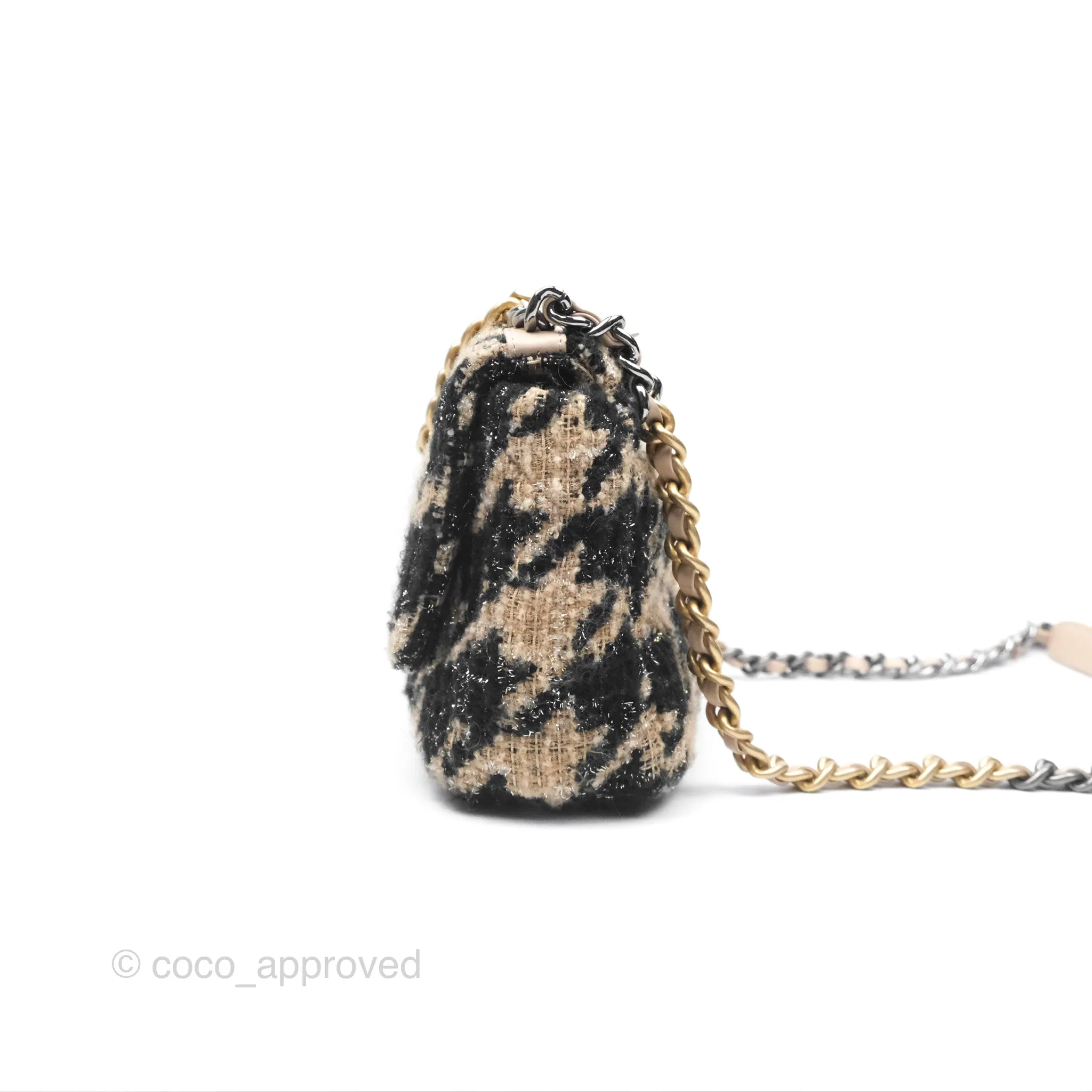Chanel 19 Small Tweed Houndstooth Black Beige Mixed Hardware