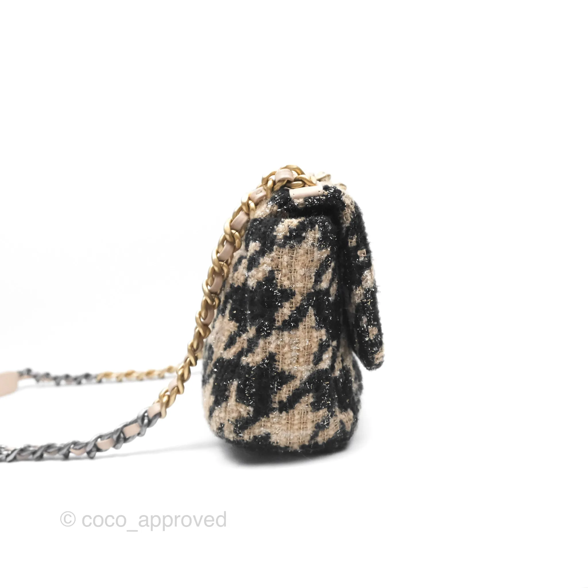Chanel 19 Small Tweed Houndstooth Black Beige Mixed Hardware