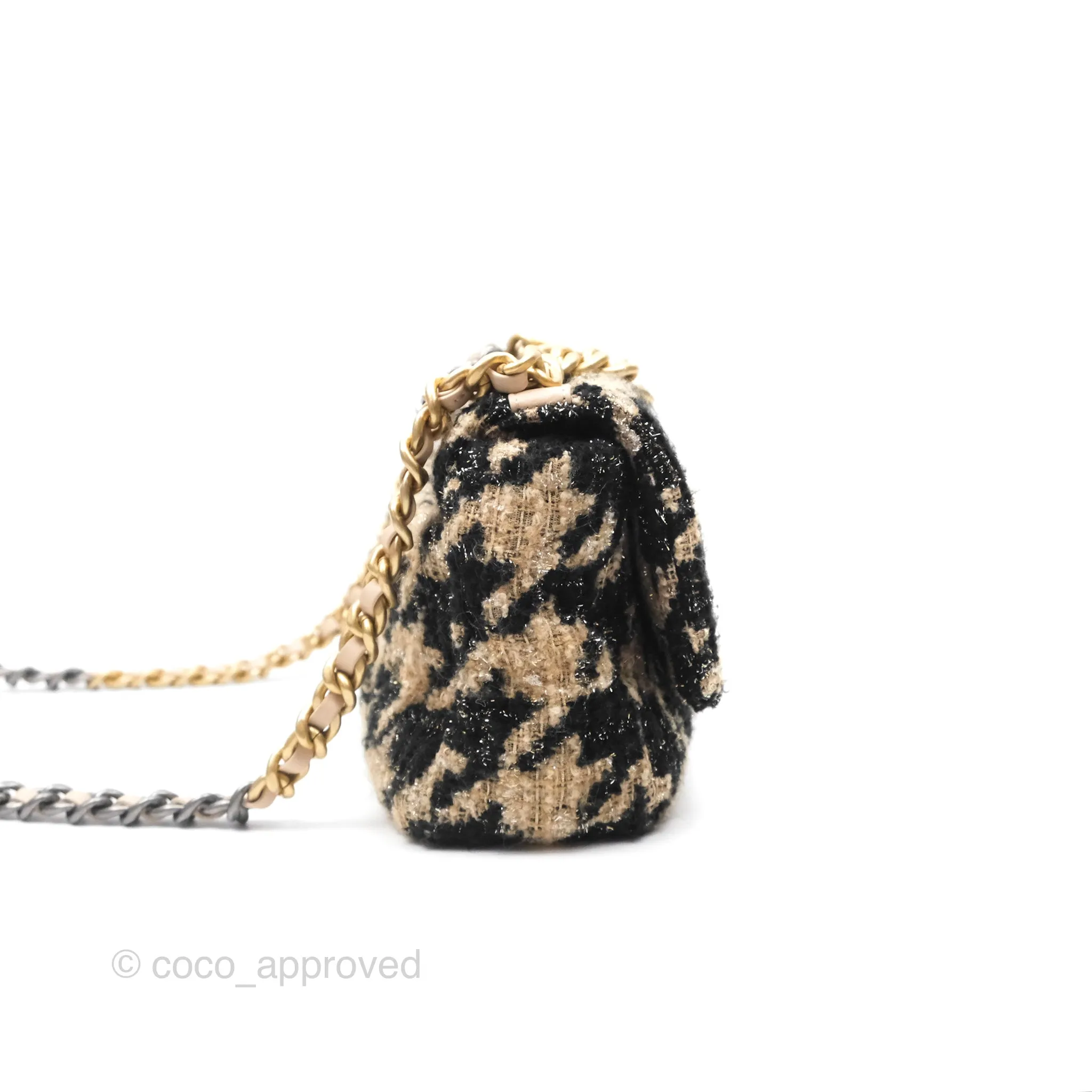 Chanel 19 Small Tweed Houndstooth Black Beige Mixed Hardware