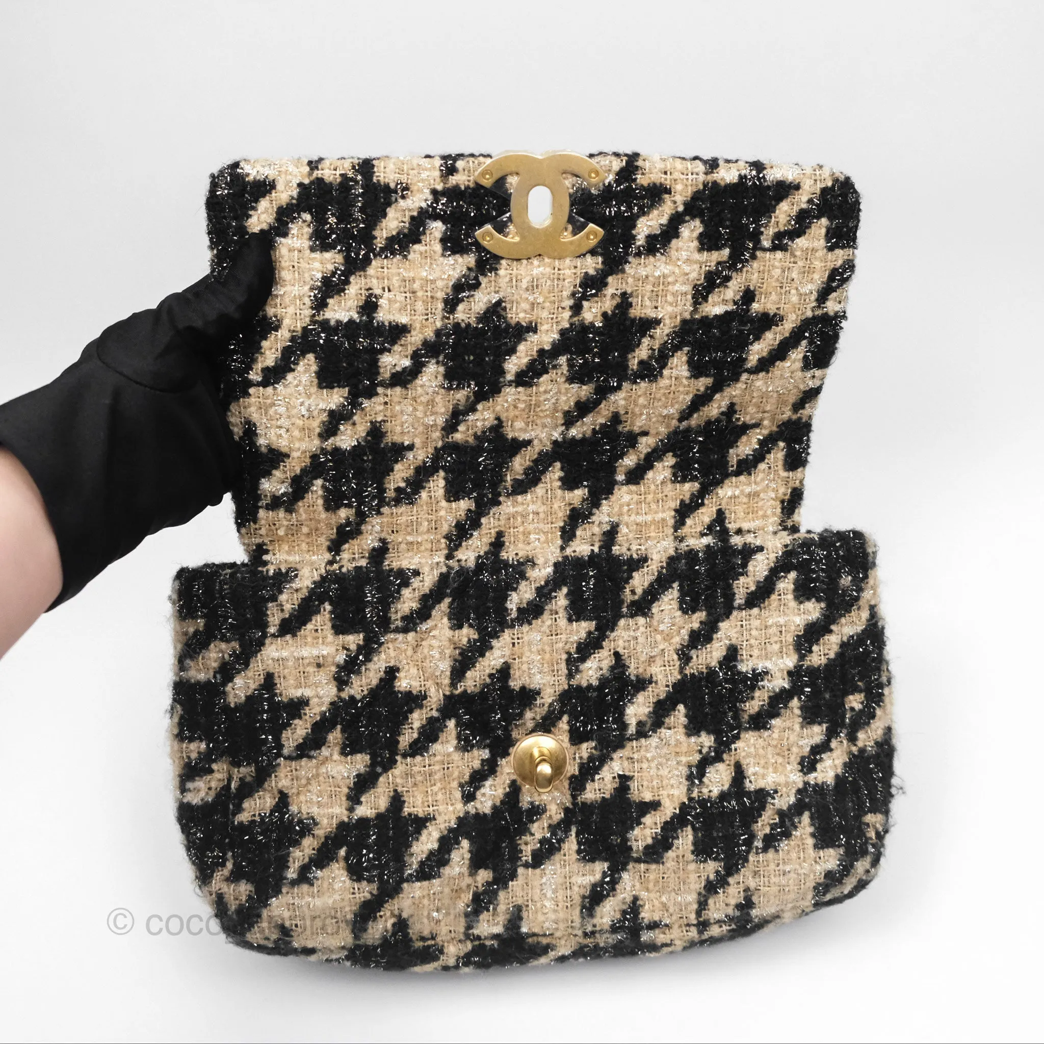 Chanel 19 Small Tweed Houndstooth Black Beige Mixed Hardware