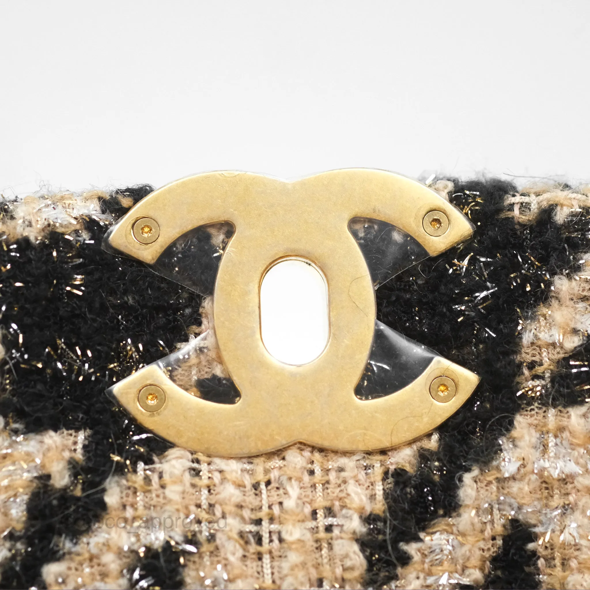 Chanel 19 Small Tweed Houndstooth Black Beige Mixed Hardware