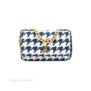 Chanel 19 Wallet On Chain WOC Quilted Houndstooth Tweed Blue White