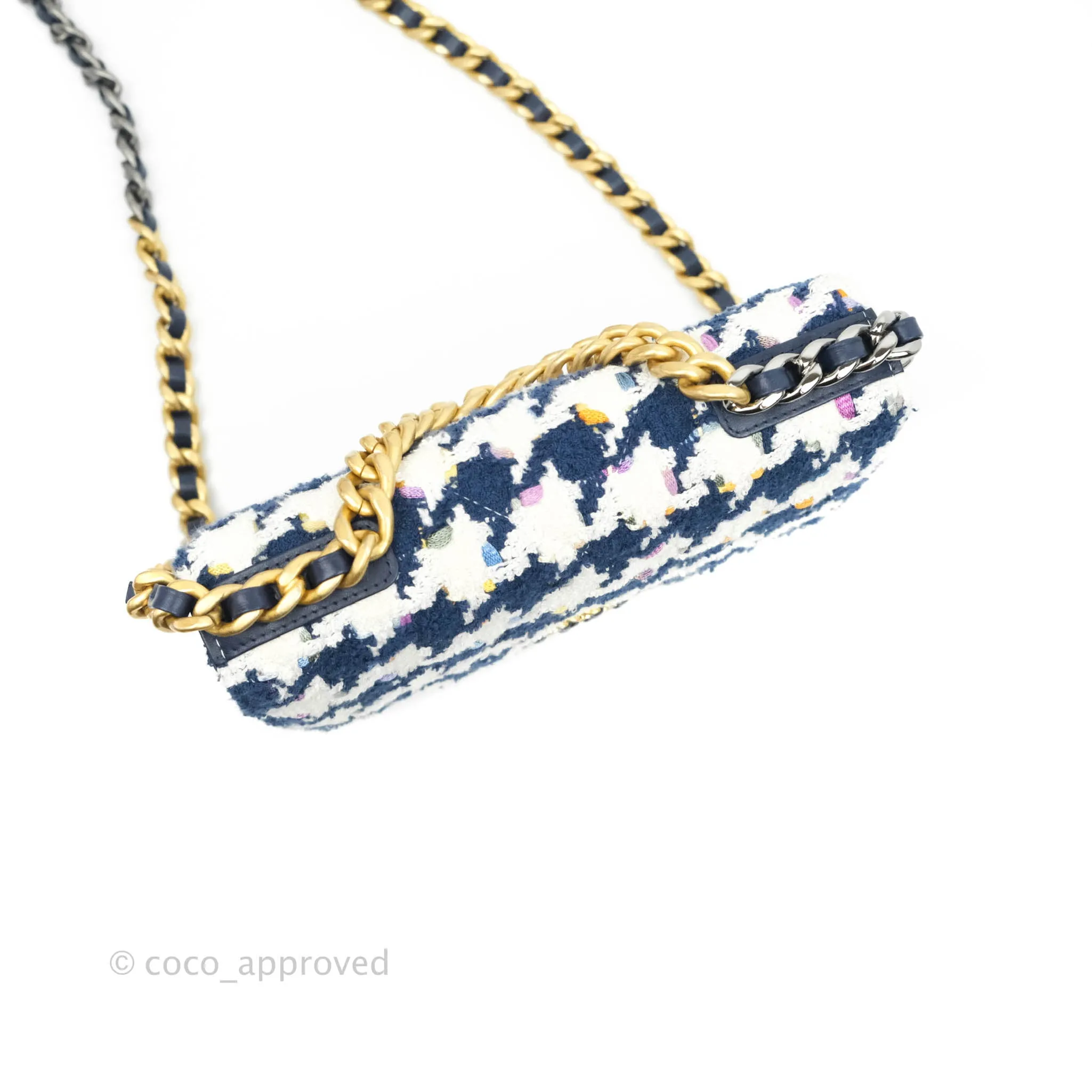 Chanel 19 Wallet On Chain WOC Quilted Houndstooth Tweed Blue White