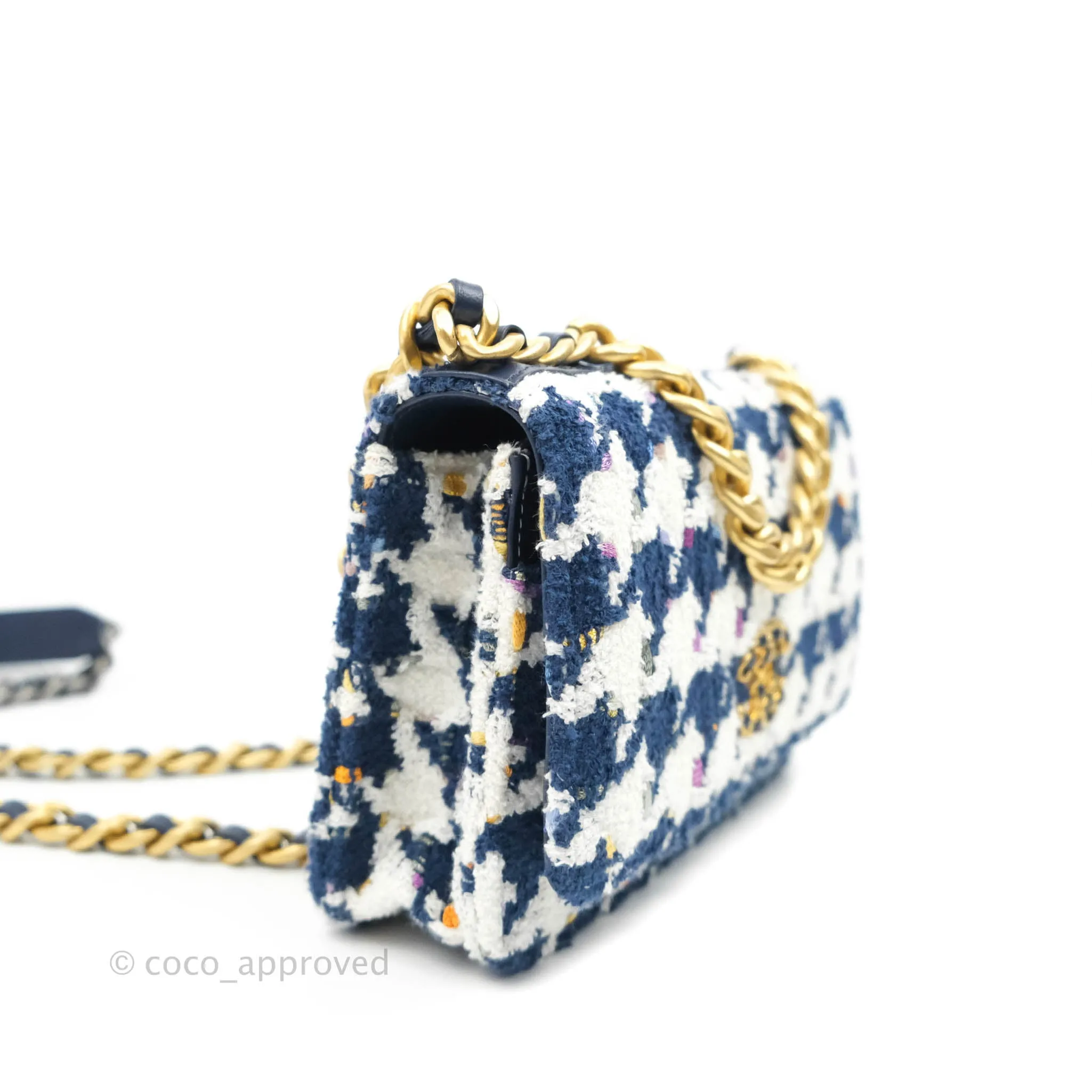 Chanel 19 Wallet On Chain WOC Quilted Houndstooth Tweed Blue White