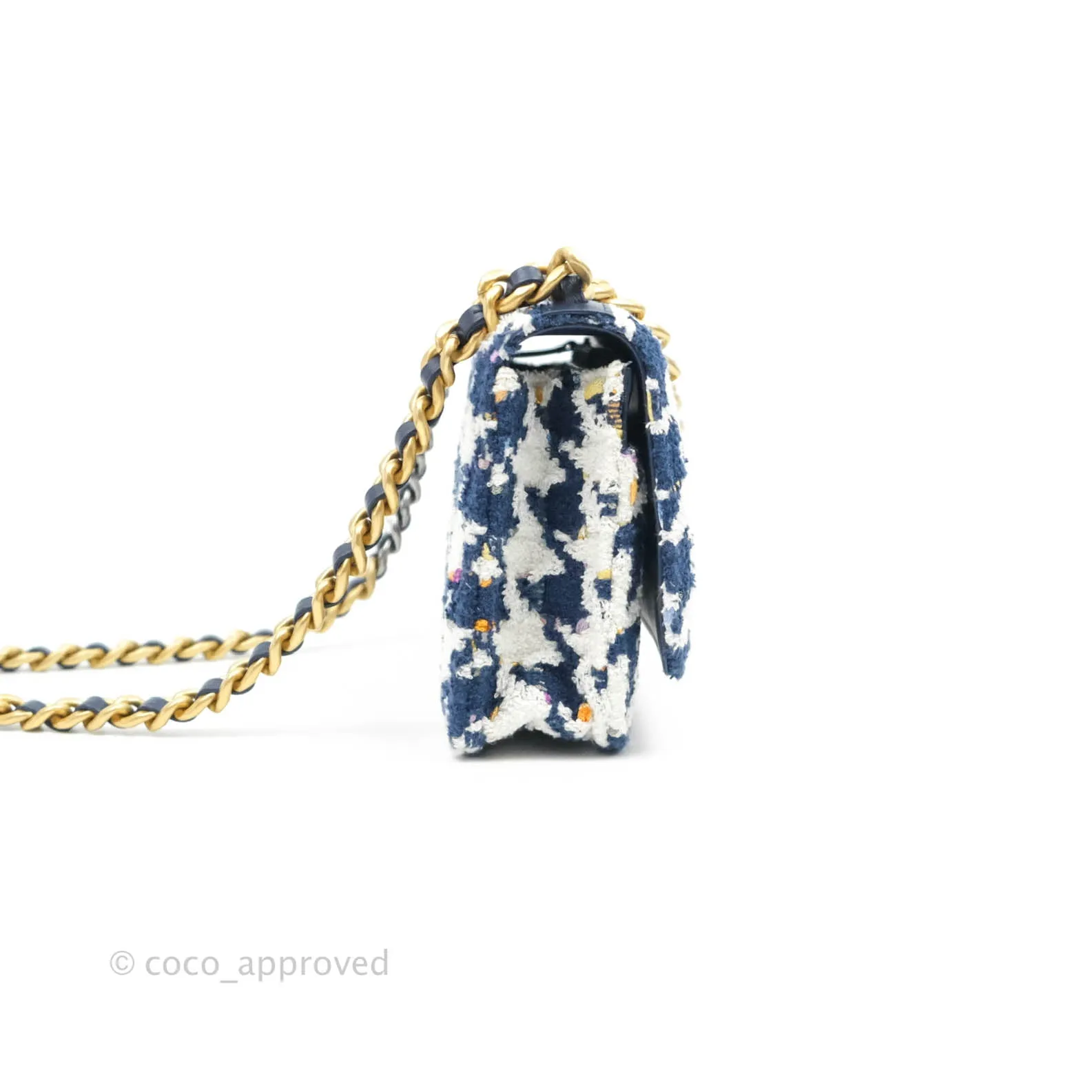 Chanel 19 Wallet On Chain WOC Quilted Houndstooth Tweed Blue White