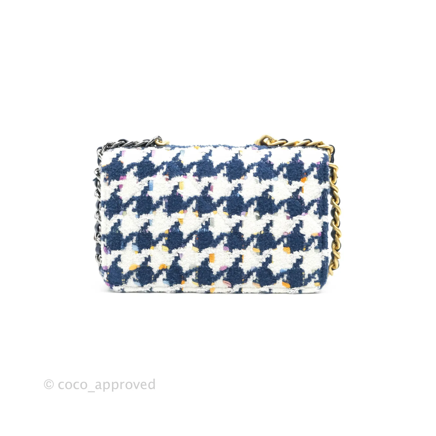 Chanel 19 Wallet On Chain WOC Quilted Houndstooth Tweed Blue White