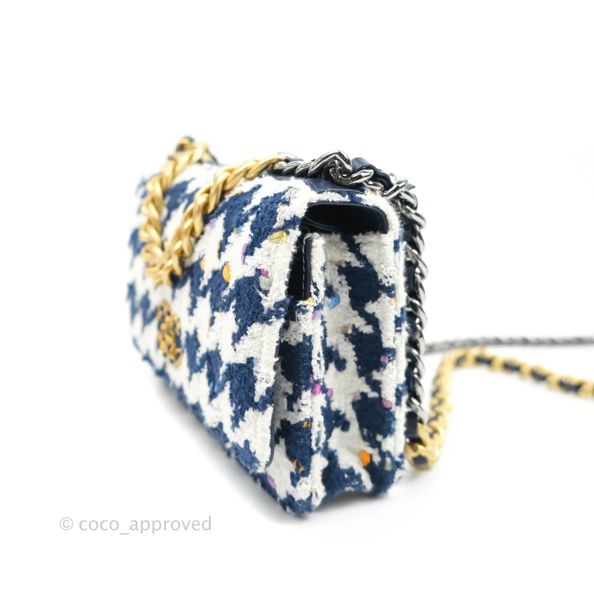 Chanel 19 Wallet On Chain WOC Quilted Houndstooth Tweed Blue White