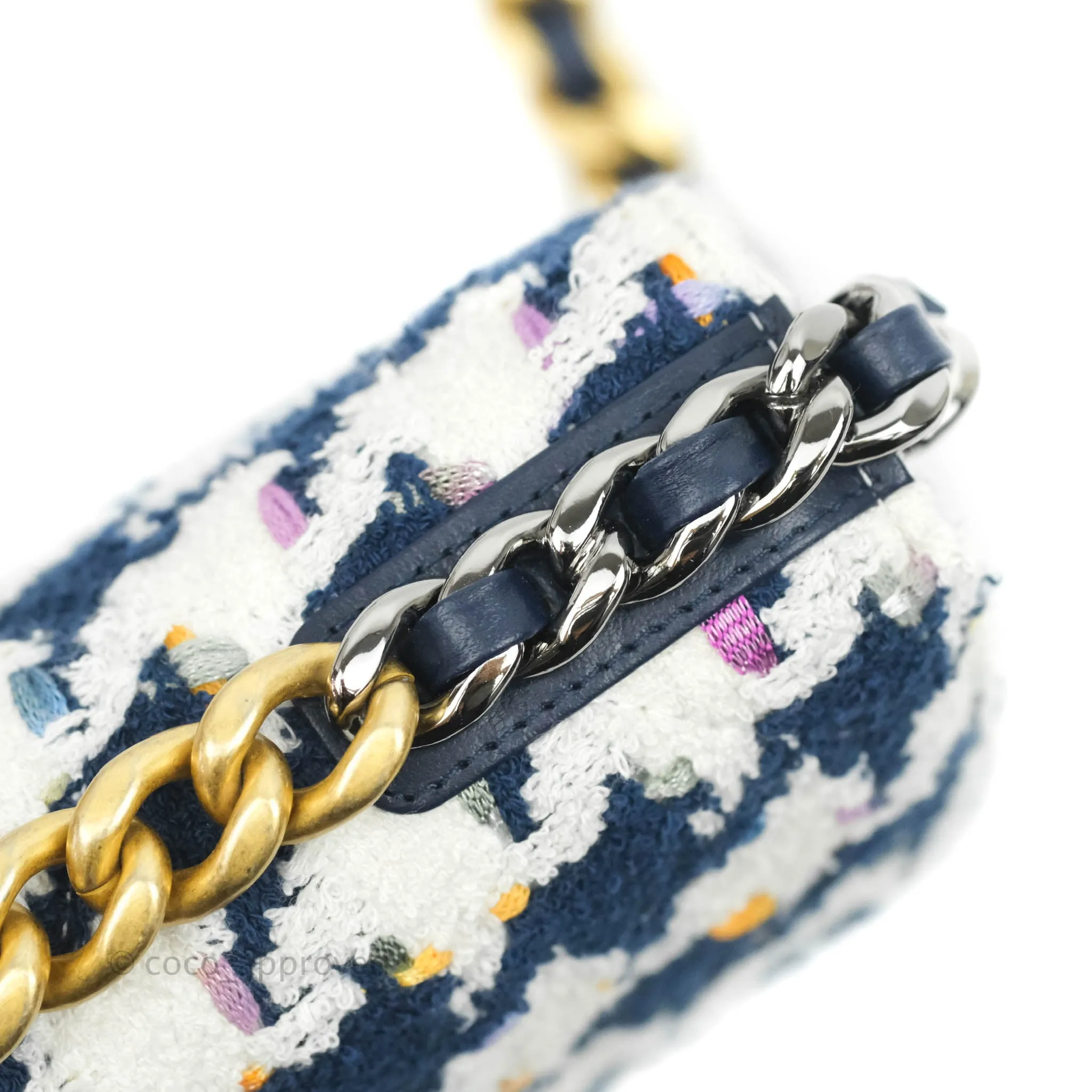 Chanel 19 Wallet On Chain WOC Quilted Houndstooth Tweed Blue White