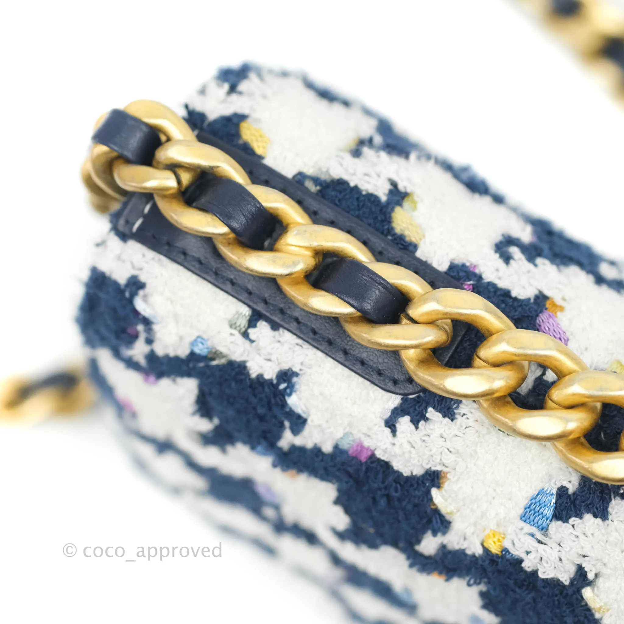 Chanel 19 Wallet On Chain WOC Quilted Houndstooth Tweed Blue White