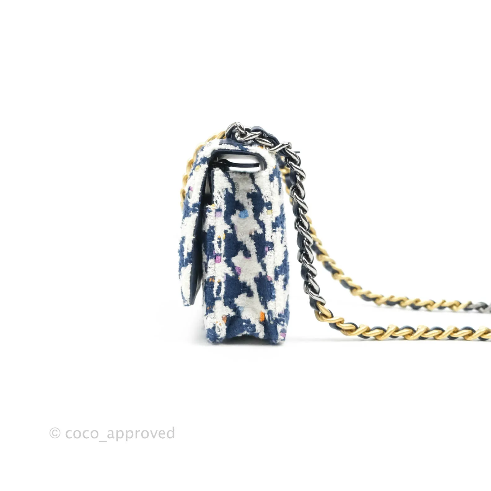 Chanel 19 Wallet On Chain WOC Quilted Houndstooth Tweed Blue White