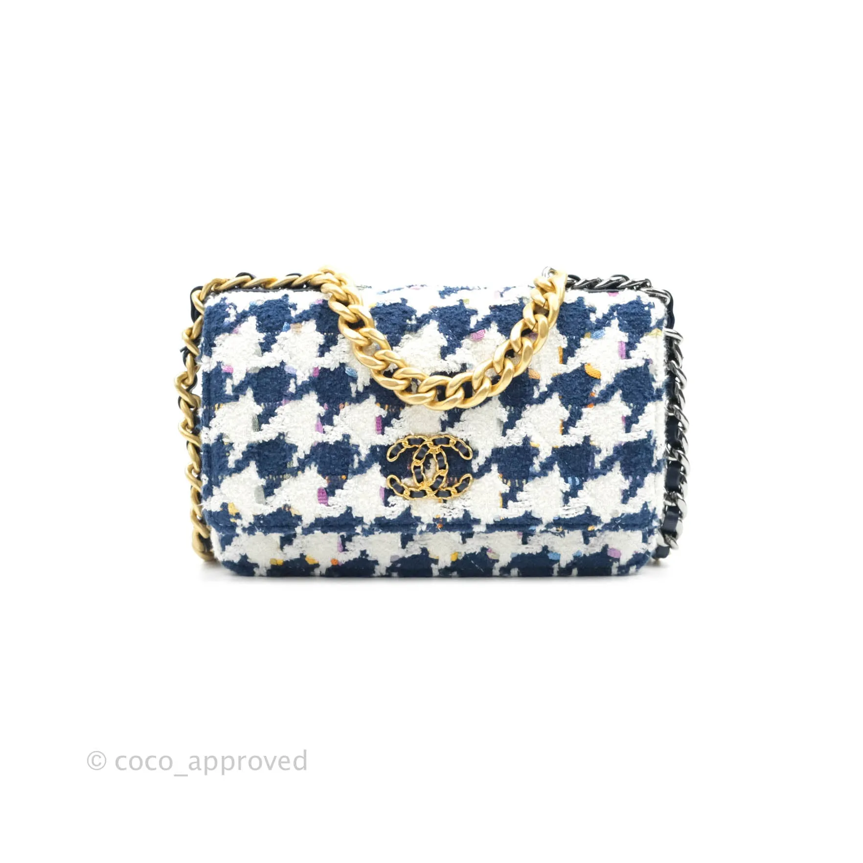 Chanel 19 Wallet On Chain WOC Quilted Houndstooth Tweed Blue White