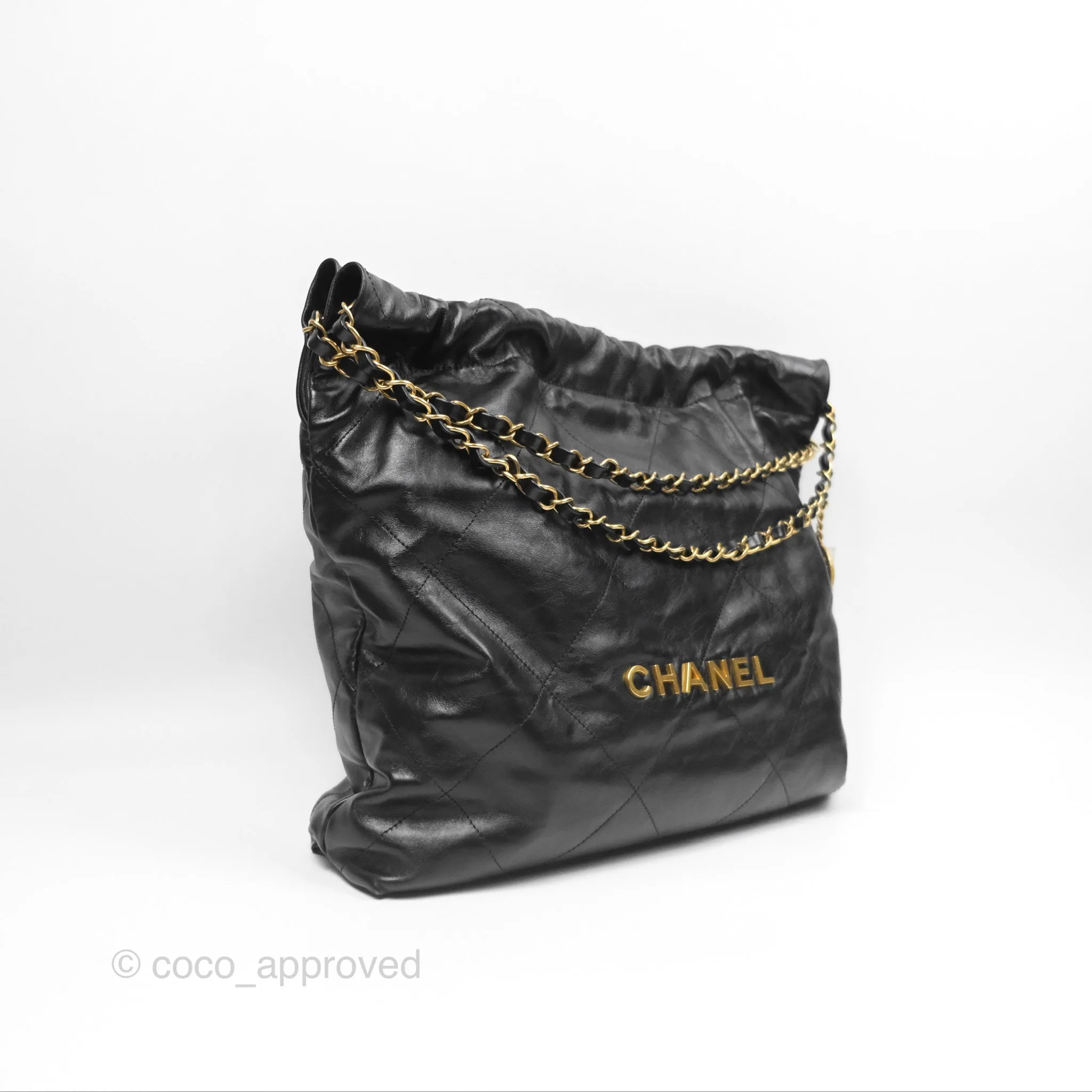 Chanel 22 Bag Medium Black Crumpled Calfskin Aged Gold Hardware