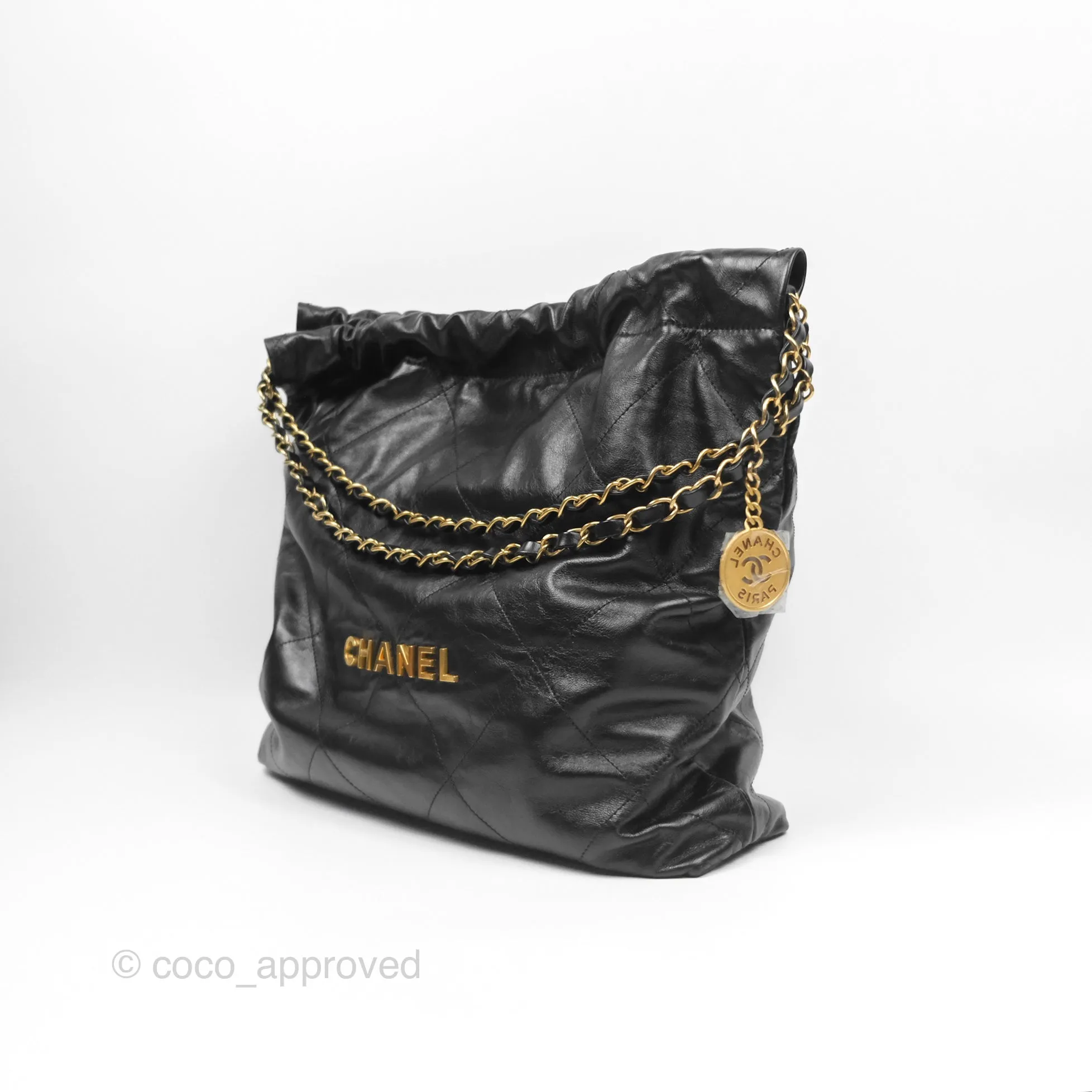 Chanel 22 Bag Medium Black Crumpled Calfskin Aged Gold Hardware