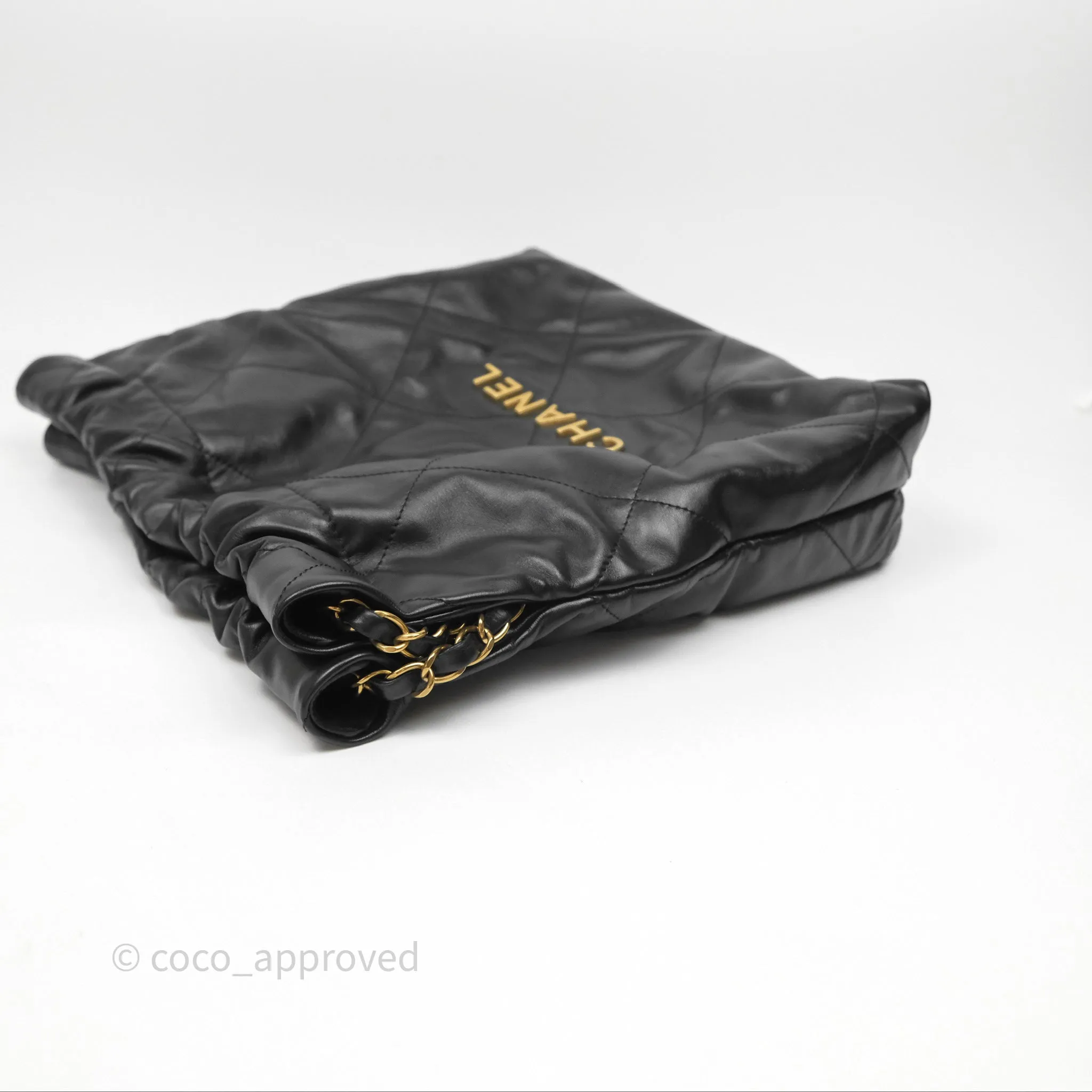 Chanel 22 Bag Small Black Shiny Calfskin Aged Gold Hardware