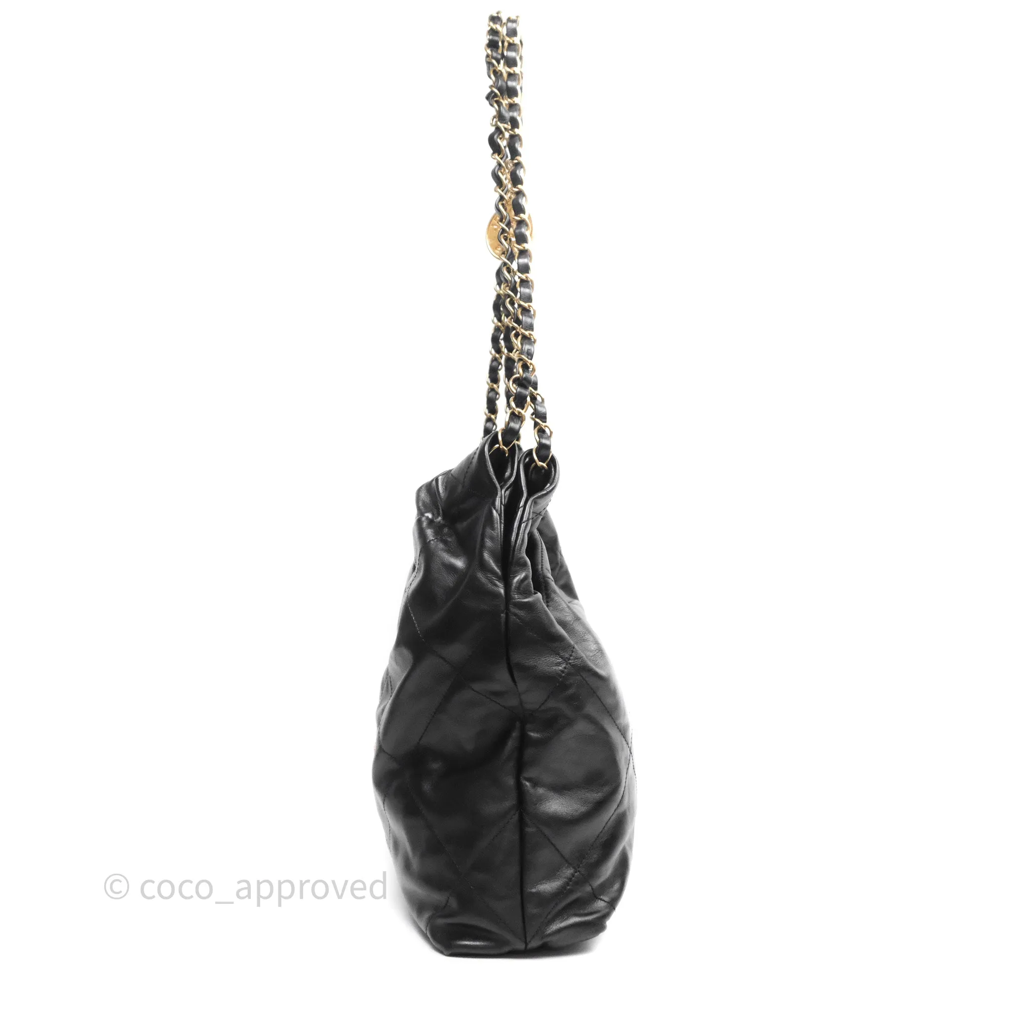 Chanel 22 Bag Small Black Shiny Calfskin Aged Gold Hardware