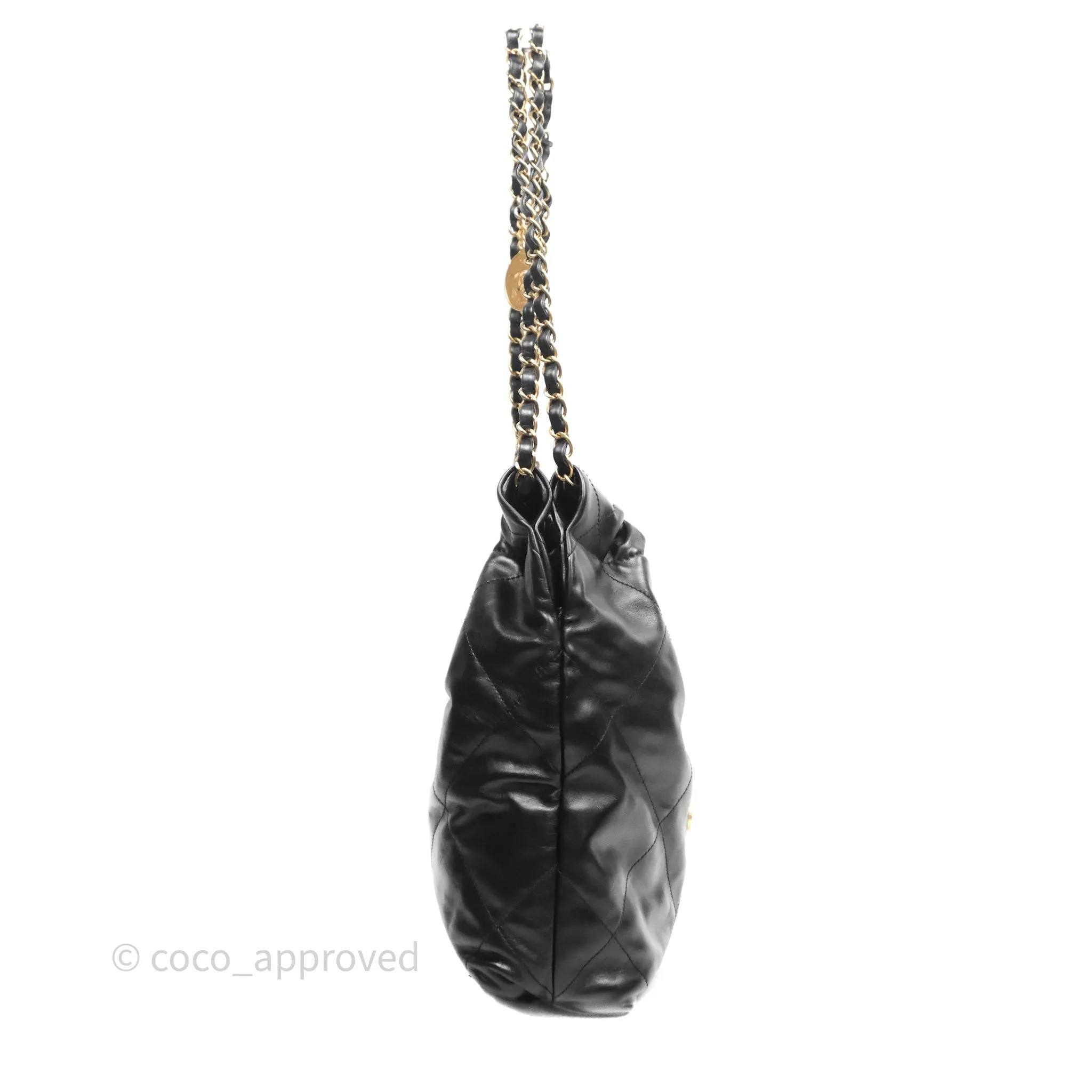 Chanel 22 Bag Small Black Shiny Calfskin Aged Gold Hardware