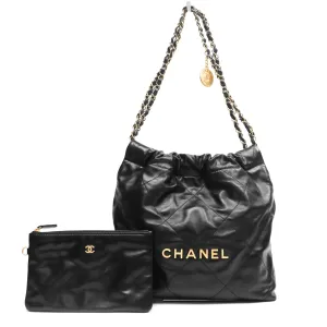 Chanel 22 Bag Small Black Shiny Calfskin Aged Gold Hardware