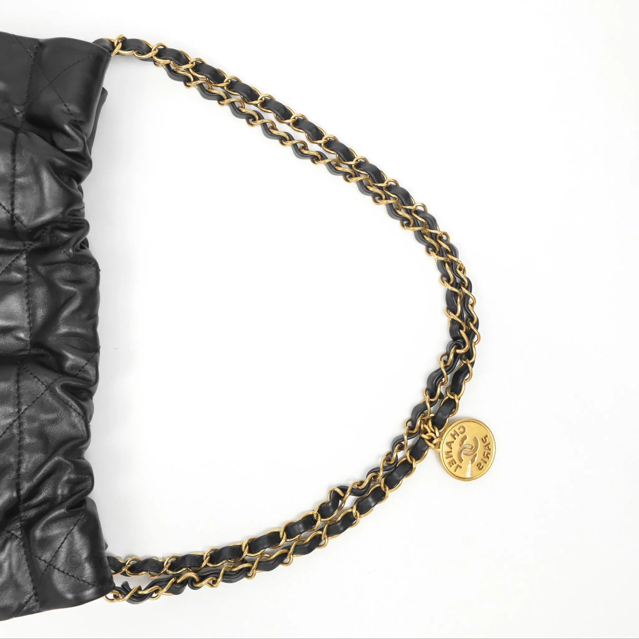 Chanel 22 Bag Small Black Shiny Calfskin Aged Gold Hardware
