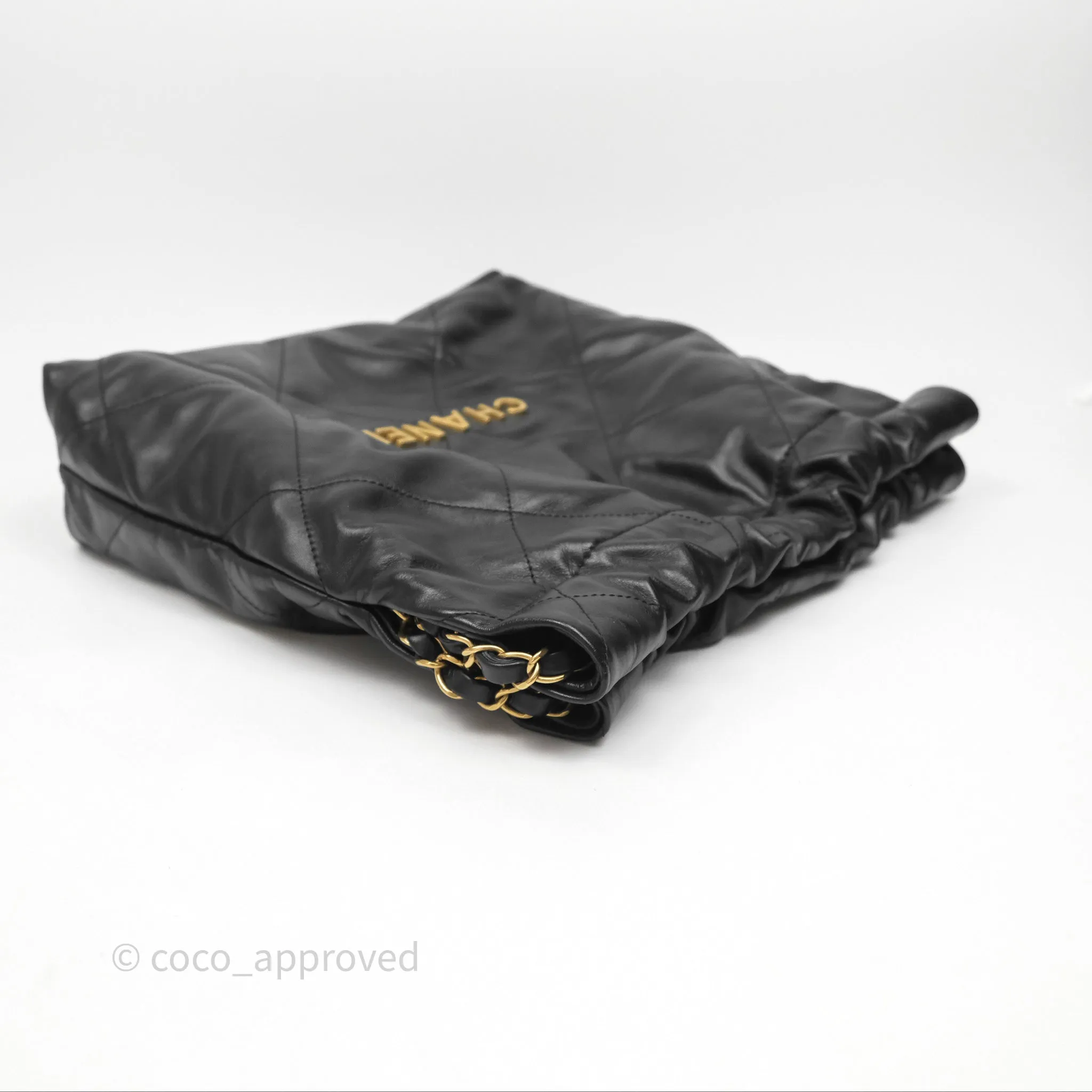 Chanel 22 Bag Small Black Shiny Calfskin Aged Gold Hardware