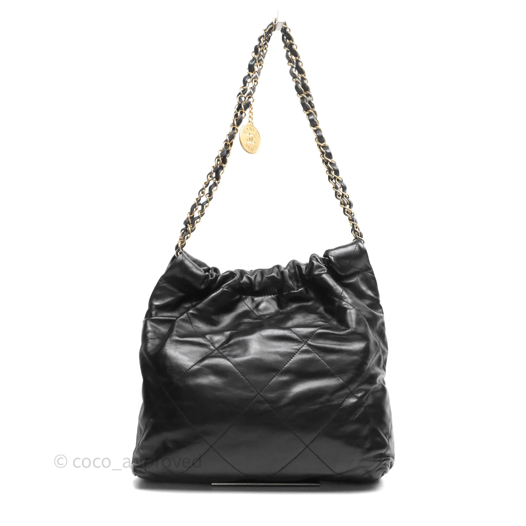 Chanel 22 Bag Small Black Shiny Calfskin Aged Gold Hardware