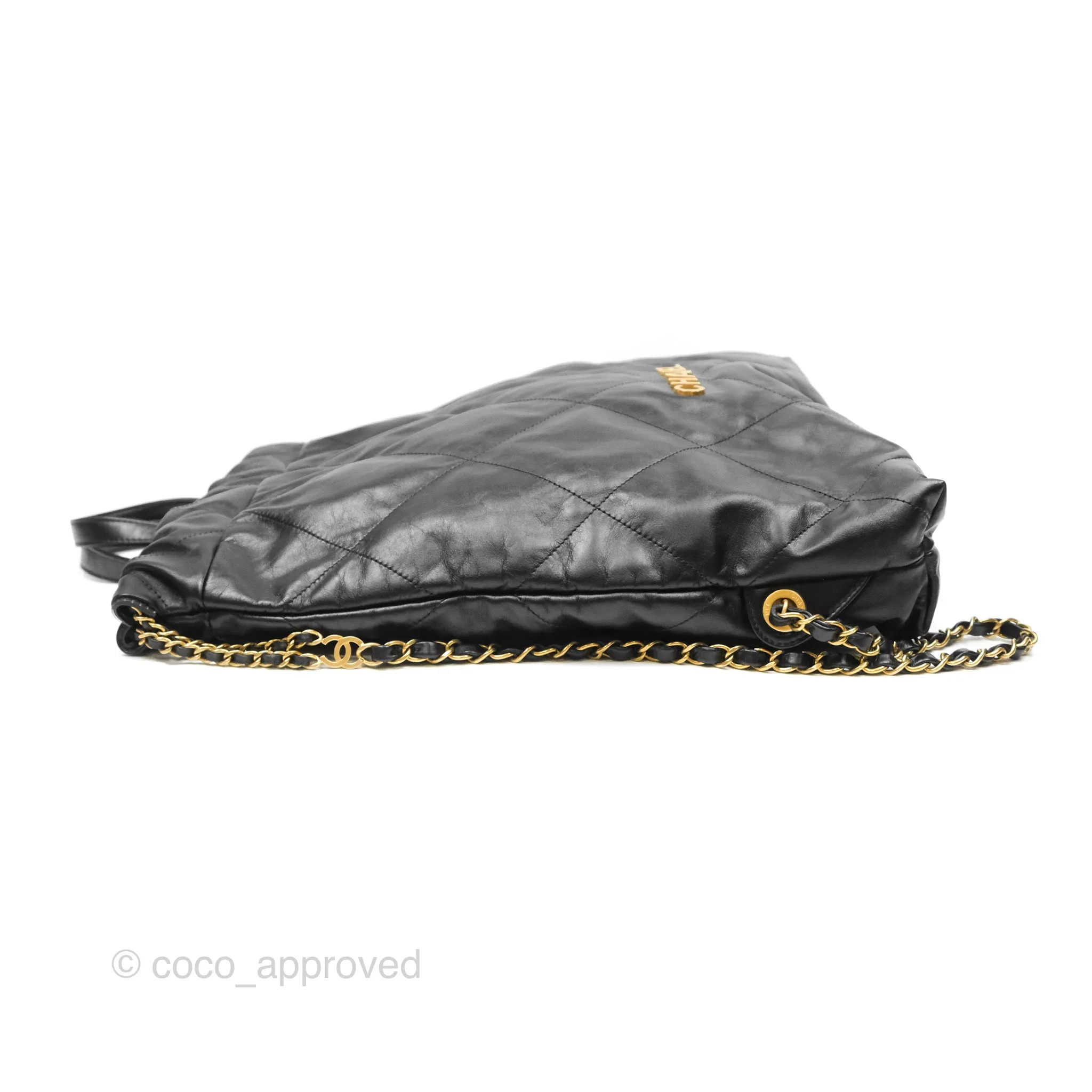 Chanel 22 Medium Backpack Quilted Black Shiny Calfskin Aged Gold Hardware