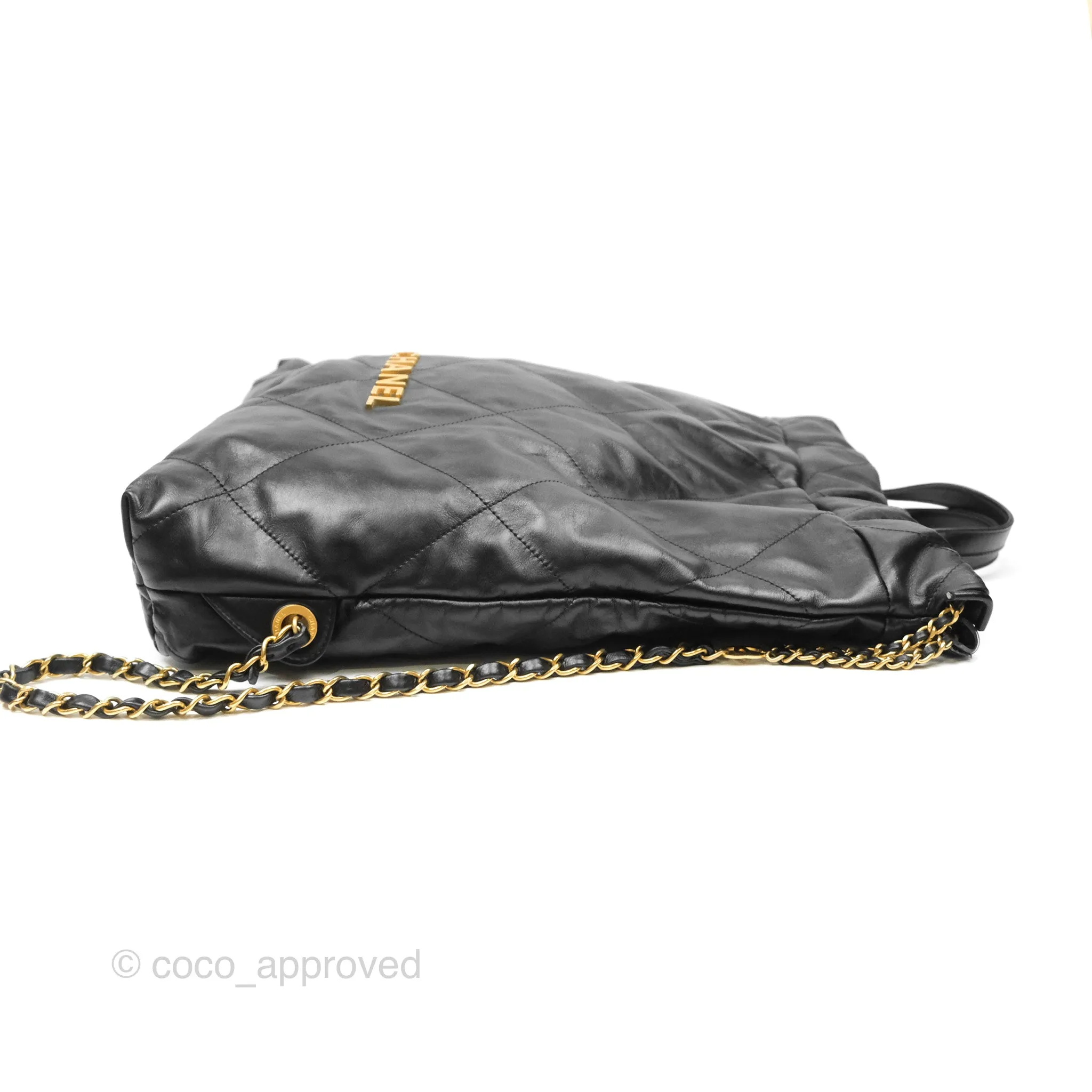 Chanel 22 Medium Backpack Quilted Black Shiny Calfskin Aged Gold Hardware
