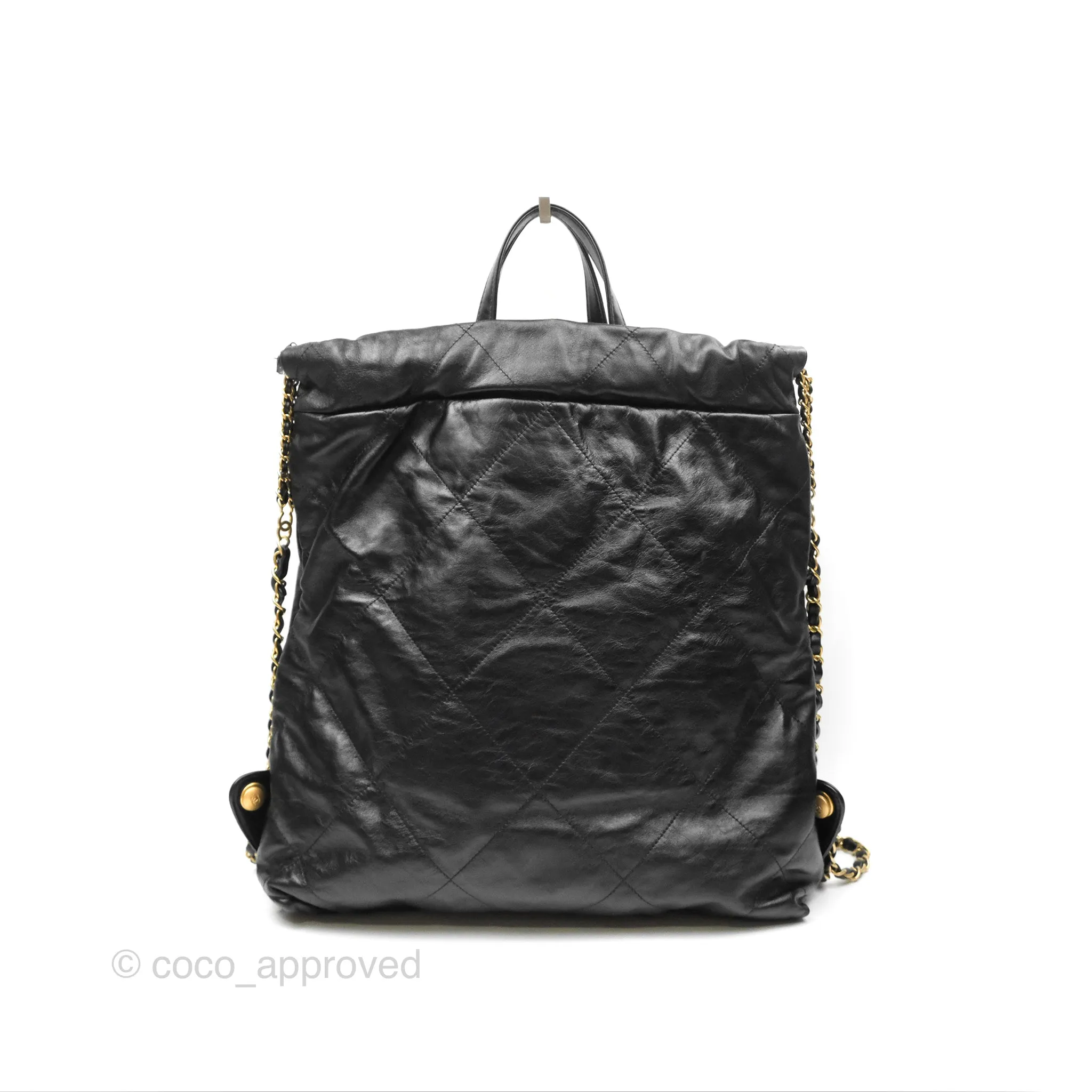 Chanel 22 Medium Backpack Quilted Black Shiny Calfskin Aged Gold Hardware
