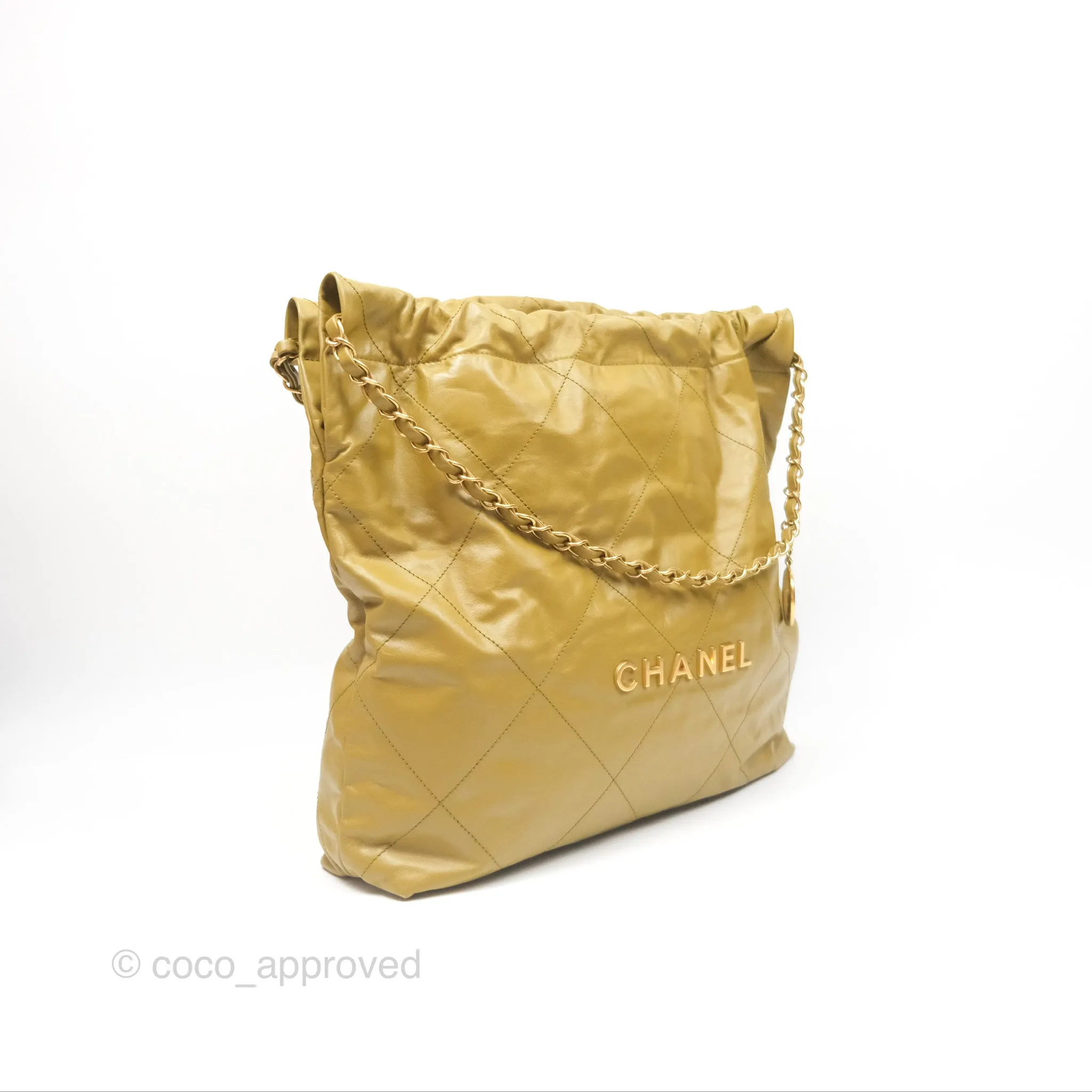 Chanel 22 Medium Olive Shiny Crumpled Calfskin Aged Gold Hardware