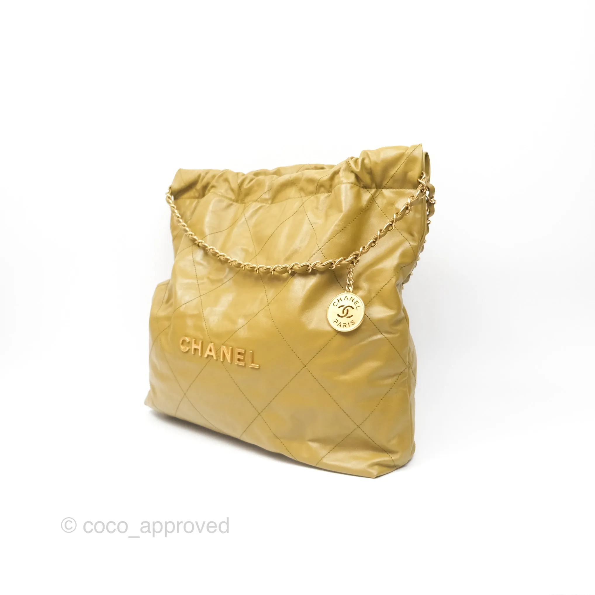 Chanel 22 Medium Olive Shiny Crumpled Calfskin Aged Gold Hardware